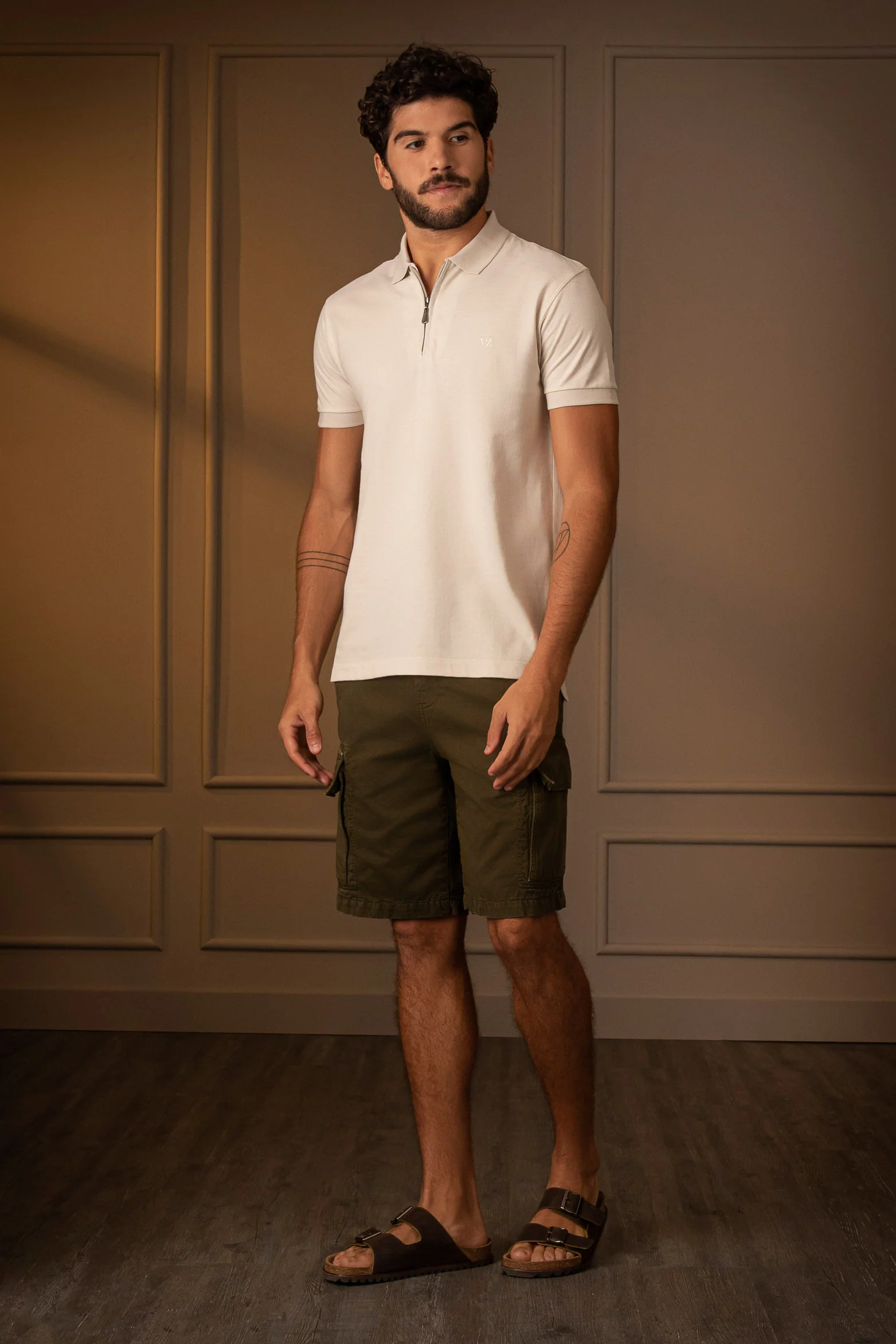 Alma Casual Cotton Polo for Men, Cream Zipper