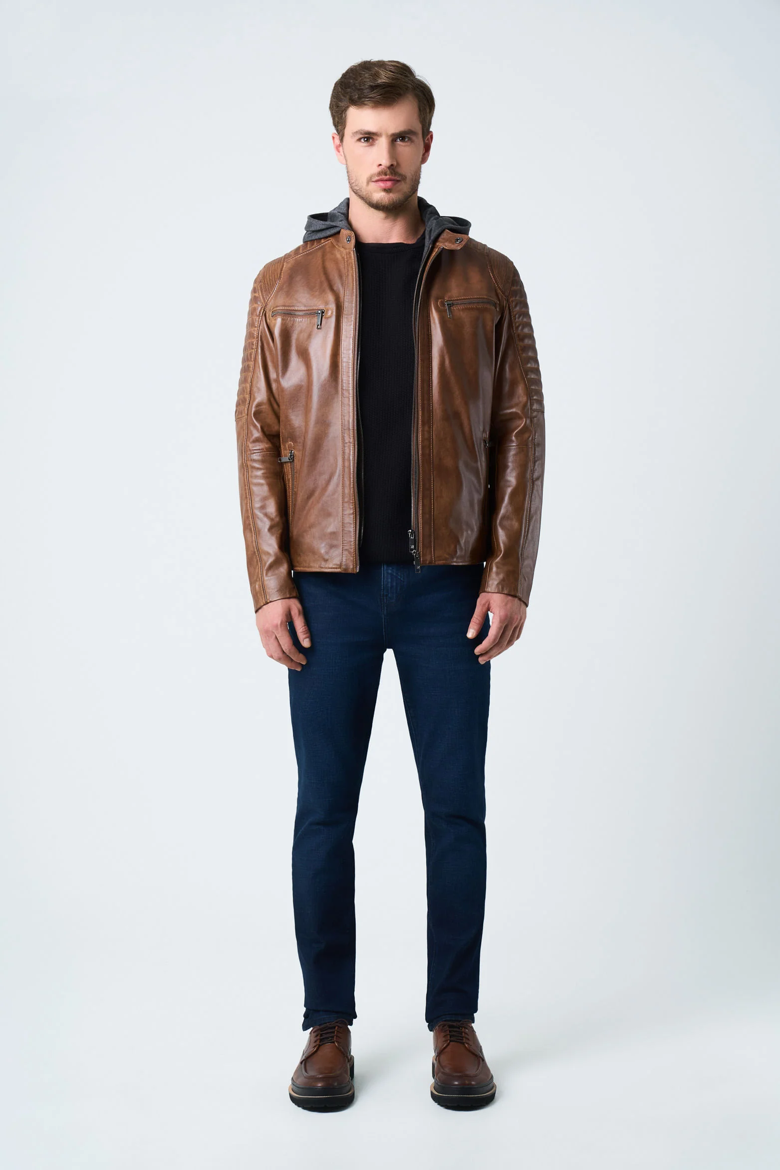 Belmont Leather Jacket for Men with Hood and Chestpiece Honey - Image 3