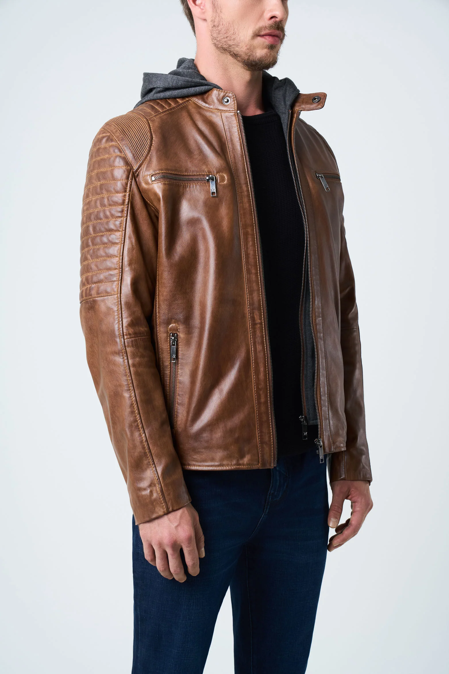 Belmont Leather Jacket for Men with Hood and Chestpiece Honey - Image 4