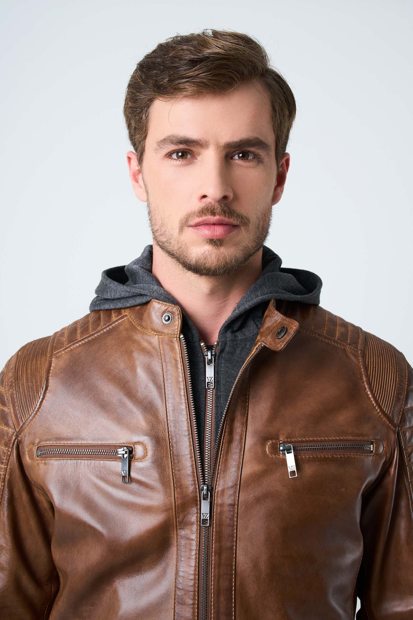 Belmont Leather Jacket for Men with Hood and Chestpiece Honey - Image 5