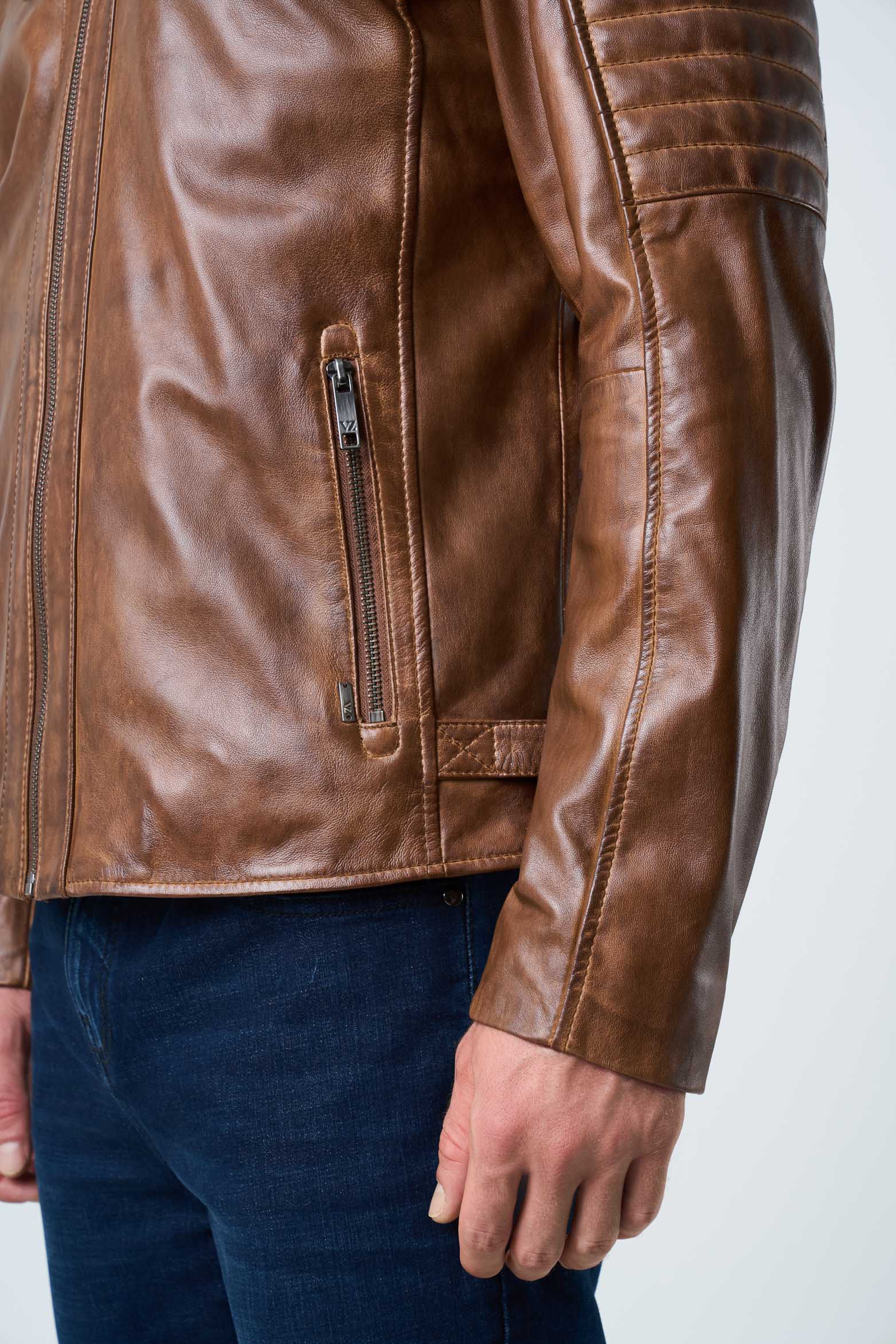 Belmont Leather Jacket for Men with Hood and Chestpiece Honey - Image 6