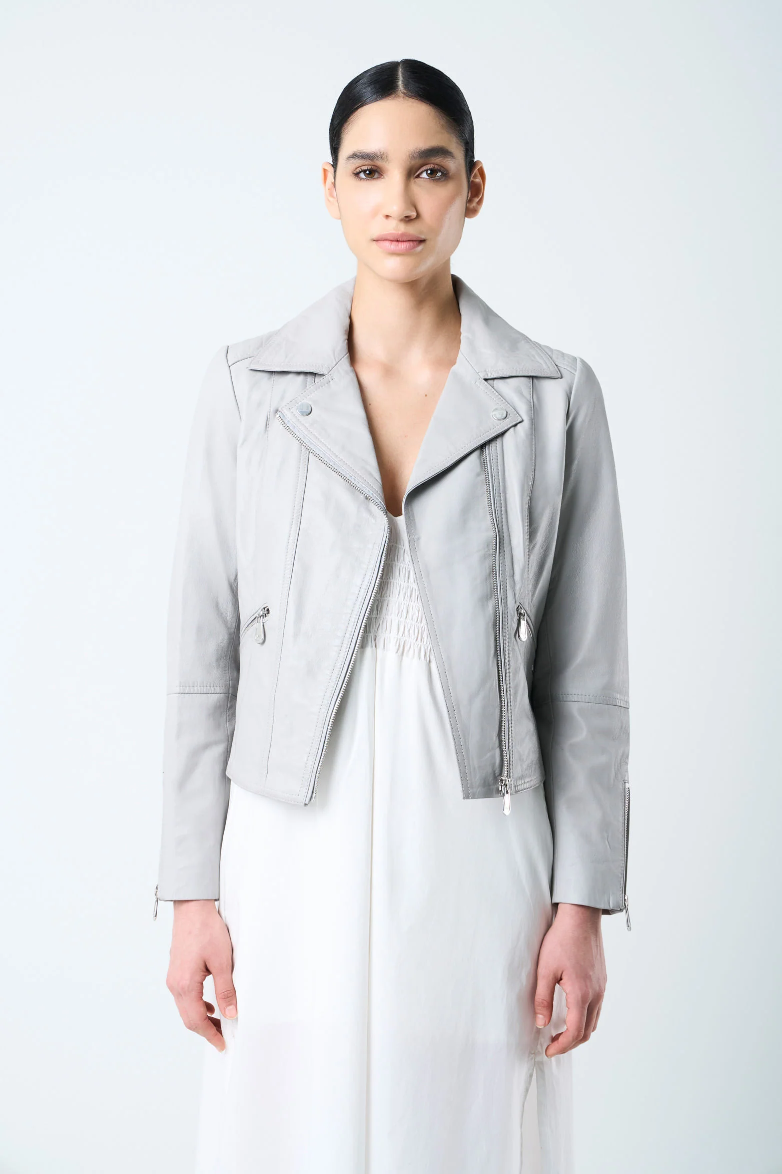Biker-Style Leather Jacket for Women with Zippers Grey