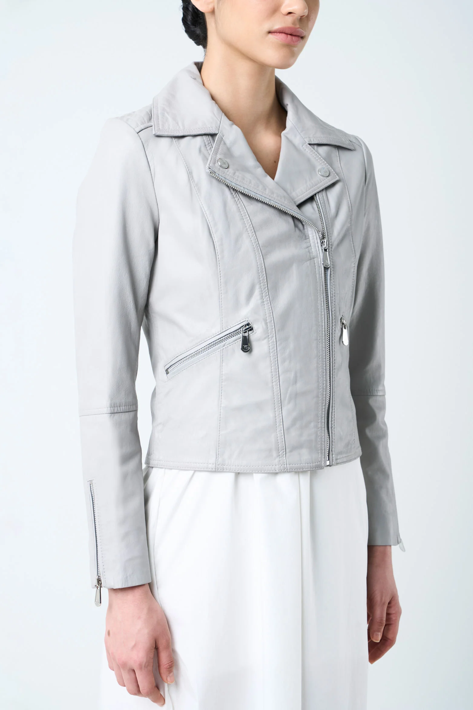 Biker-Style Leather Jacket for Women with Zippers Grey - Image 5