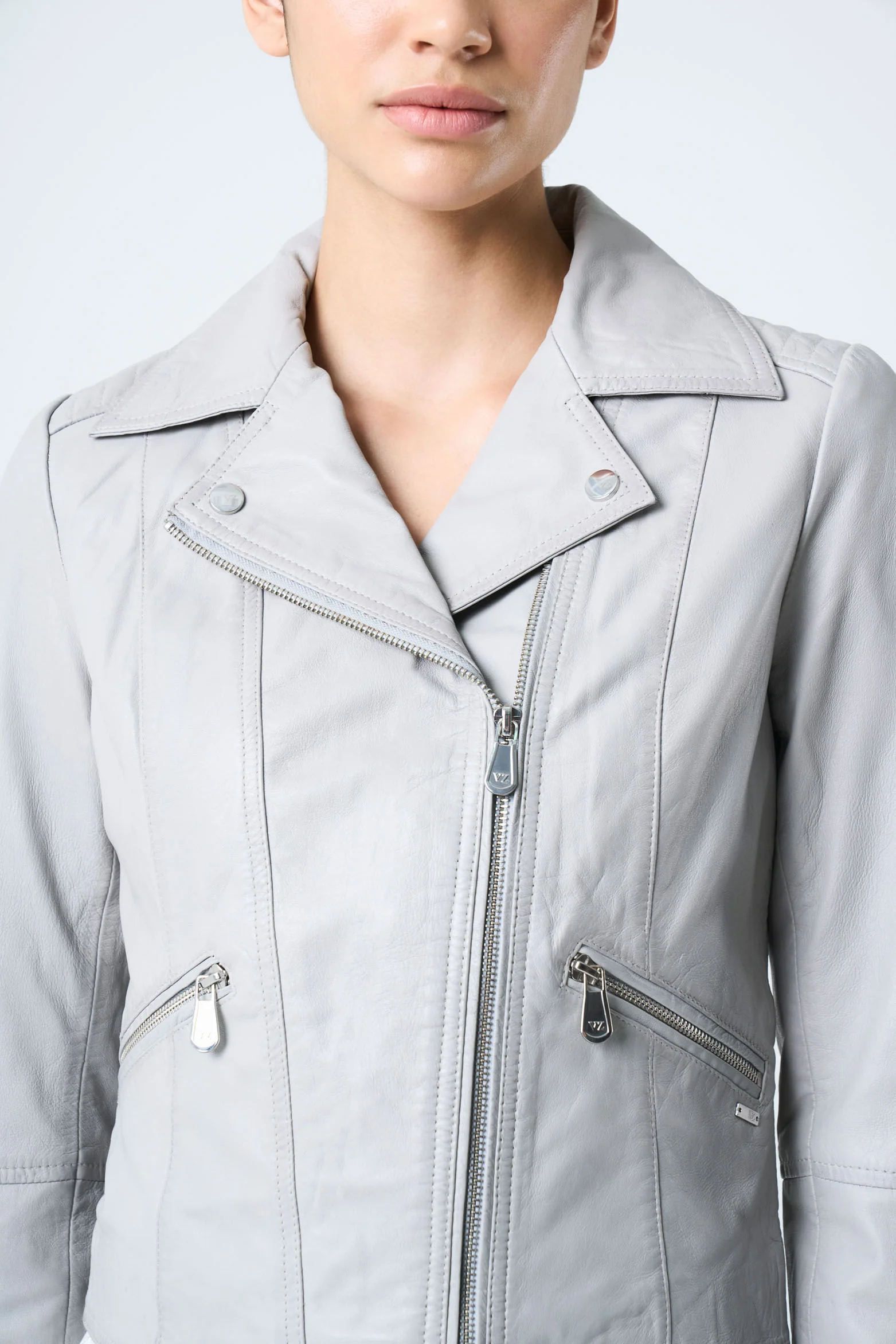 Biker-Style Leather Jacket for Women with Zippers Grey - Image 6