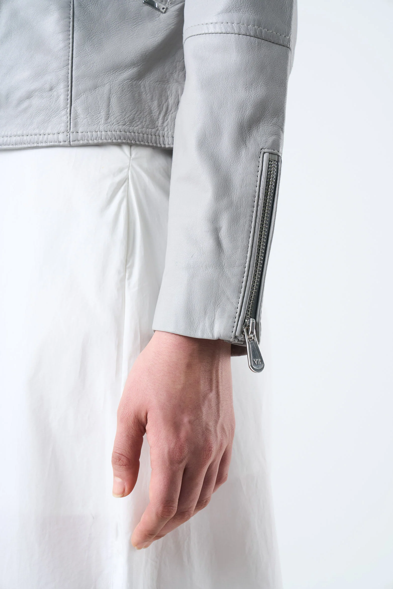Biker-Style Leather Jacket for Women with Zippers Grey - Image 7