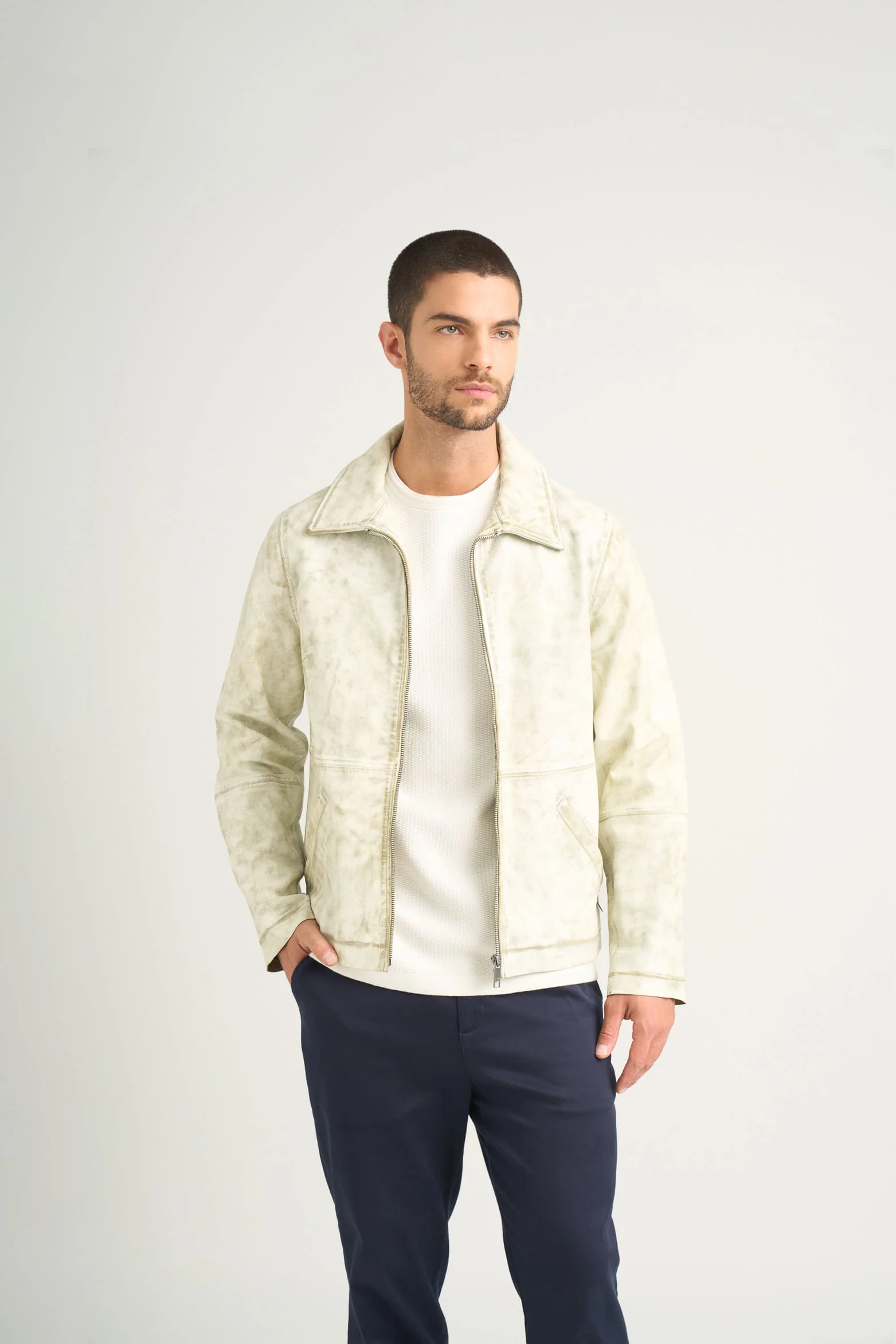 Bright Leather Jacket for Men, Distressed Effect