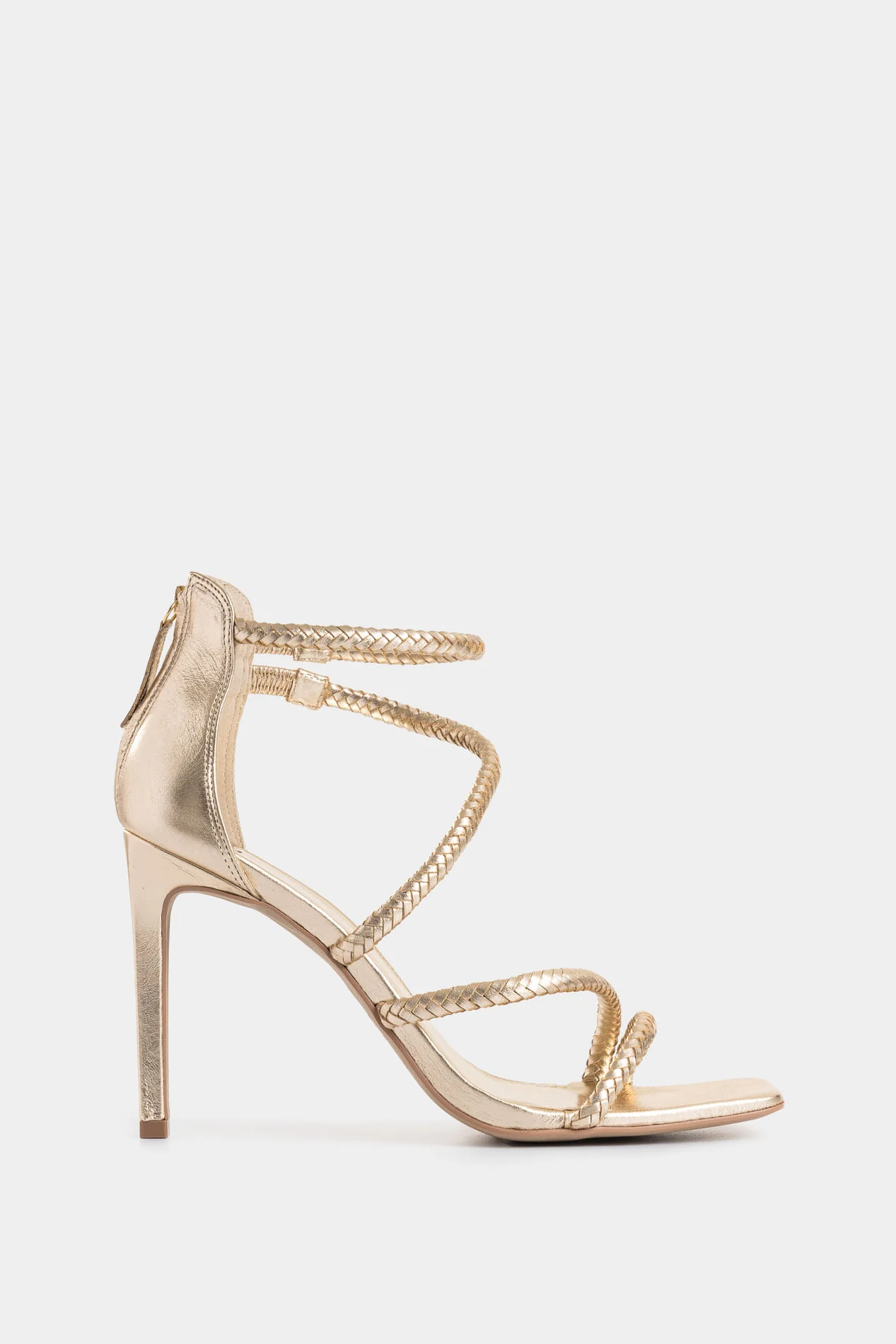 Foil leather heeled sandals for women braided strap