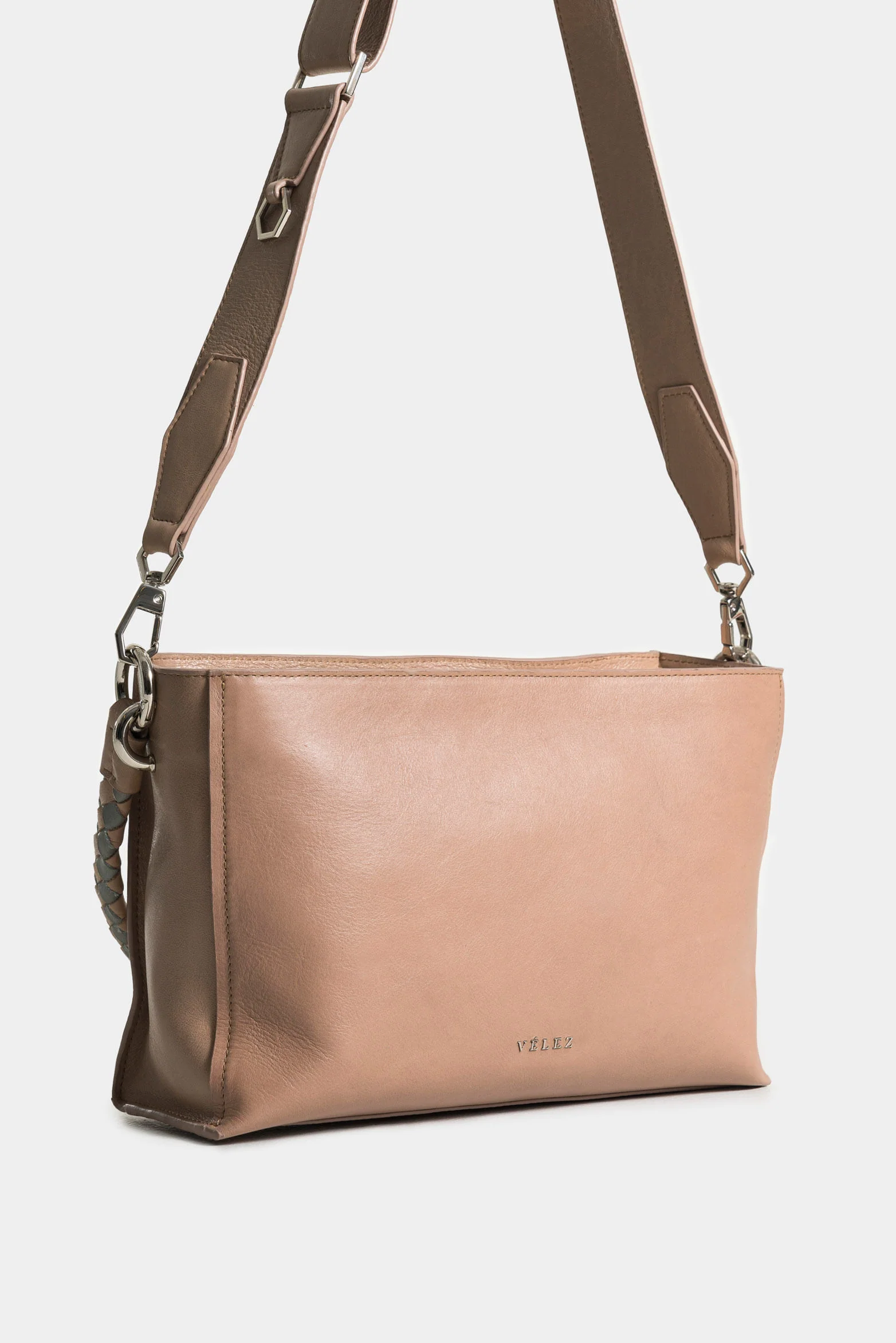 Hazelnut Bowling Leather Bag for Women with Bicolor Woven Handle - Image 2