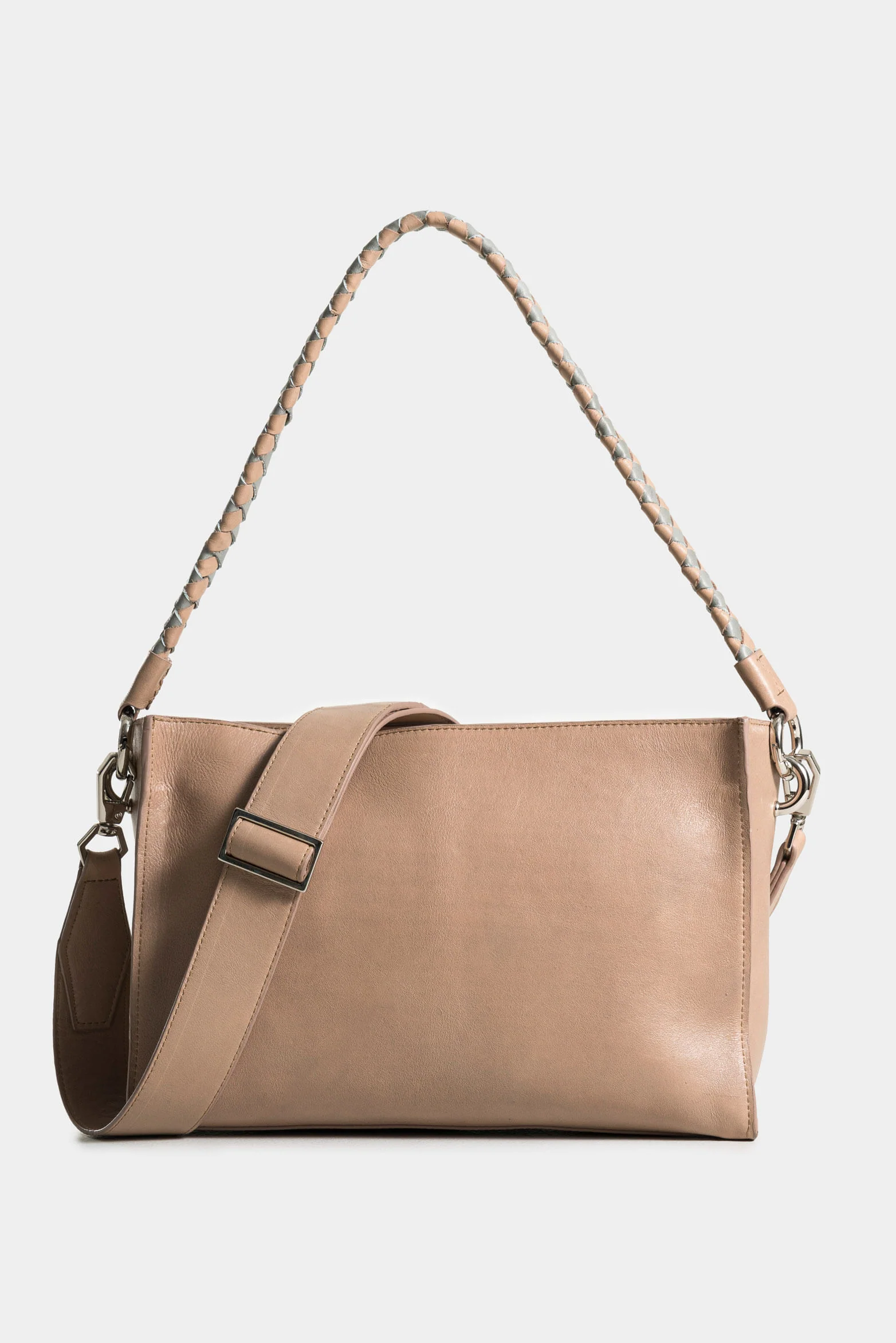 Hazelnut Bowling Leather Bag for Women with Bicolor Woven Handle - Image 3