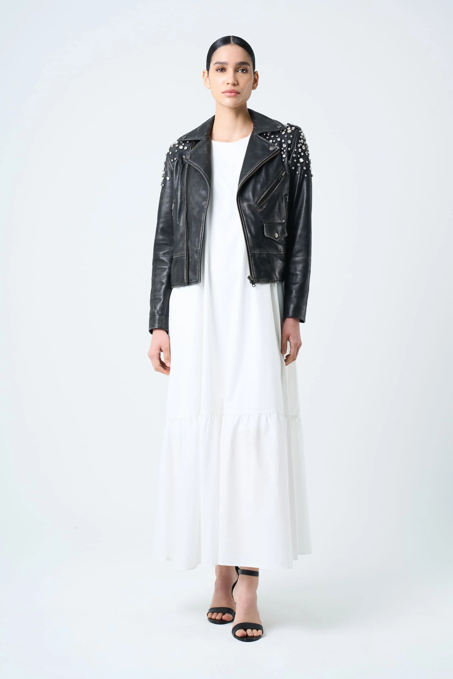 Leather biker jacket for women with crystals - Image 4