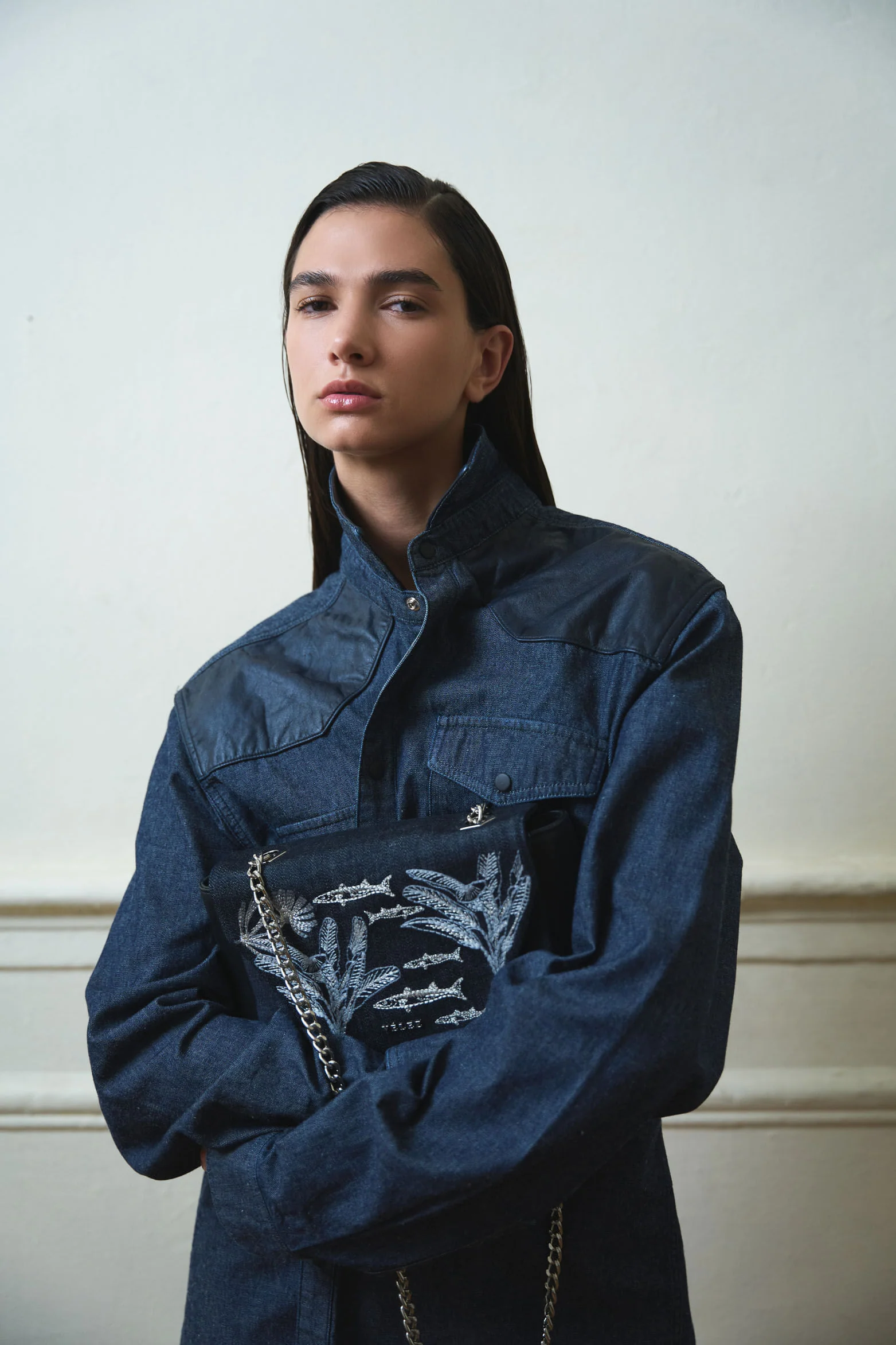 Lili Bowling Bag in Denim and Leather with Embroidery for Women - Image 2