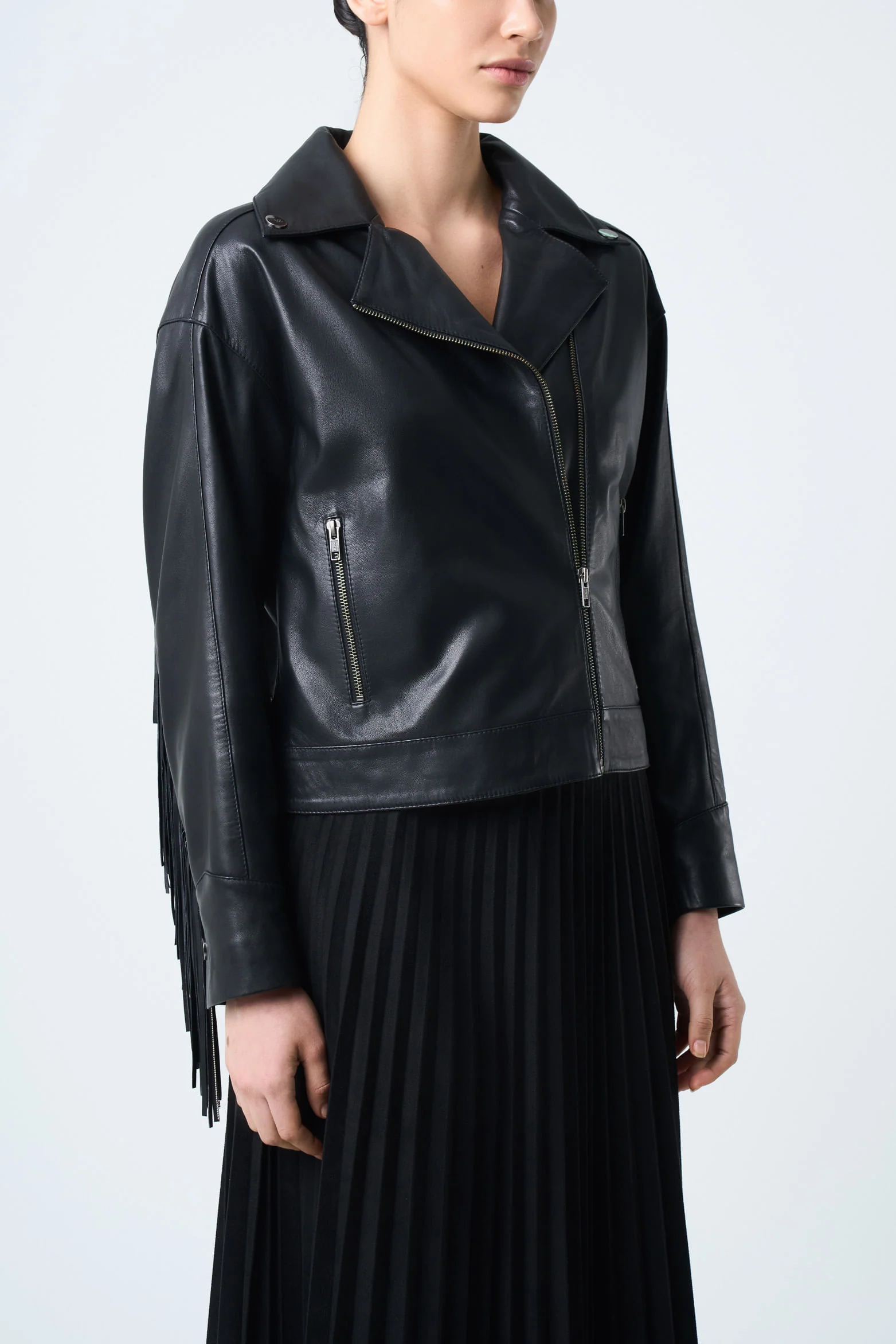 Lyra Jacket in Leather for Women, Biker with Fringe - Image 5