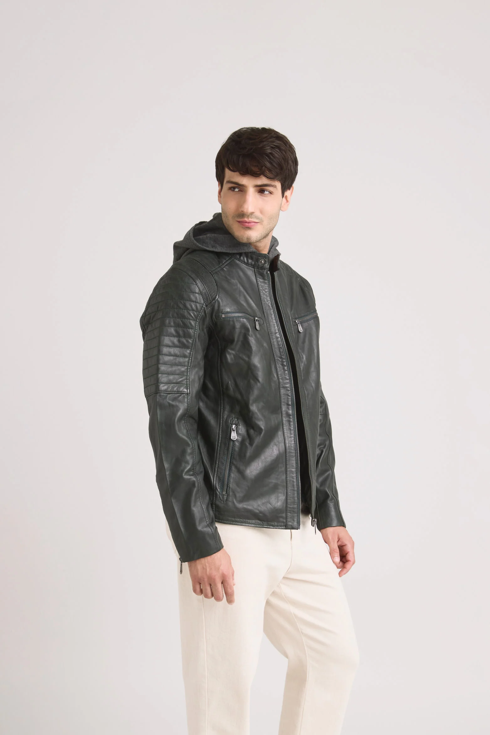 Men’s Belmont Leather Jacket with Hood and Bib - Image 4