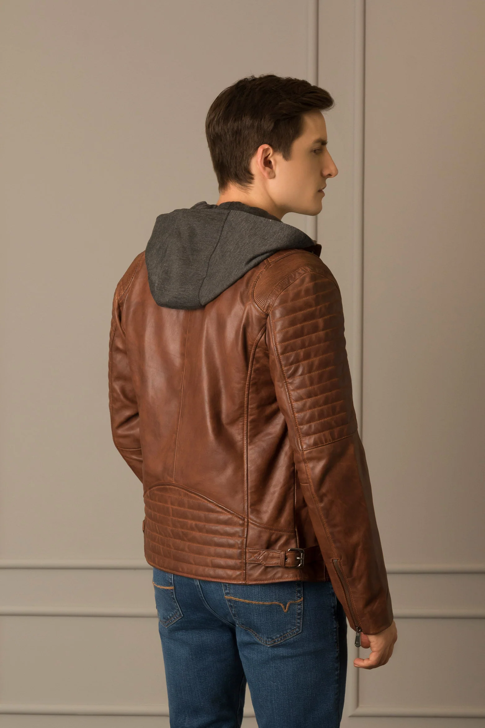 Men`s Belmont Leather Jacket with Hood and Chest Pocket - Image 4