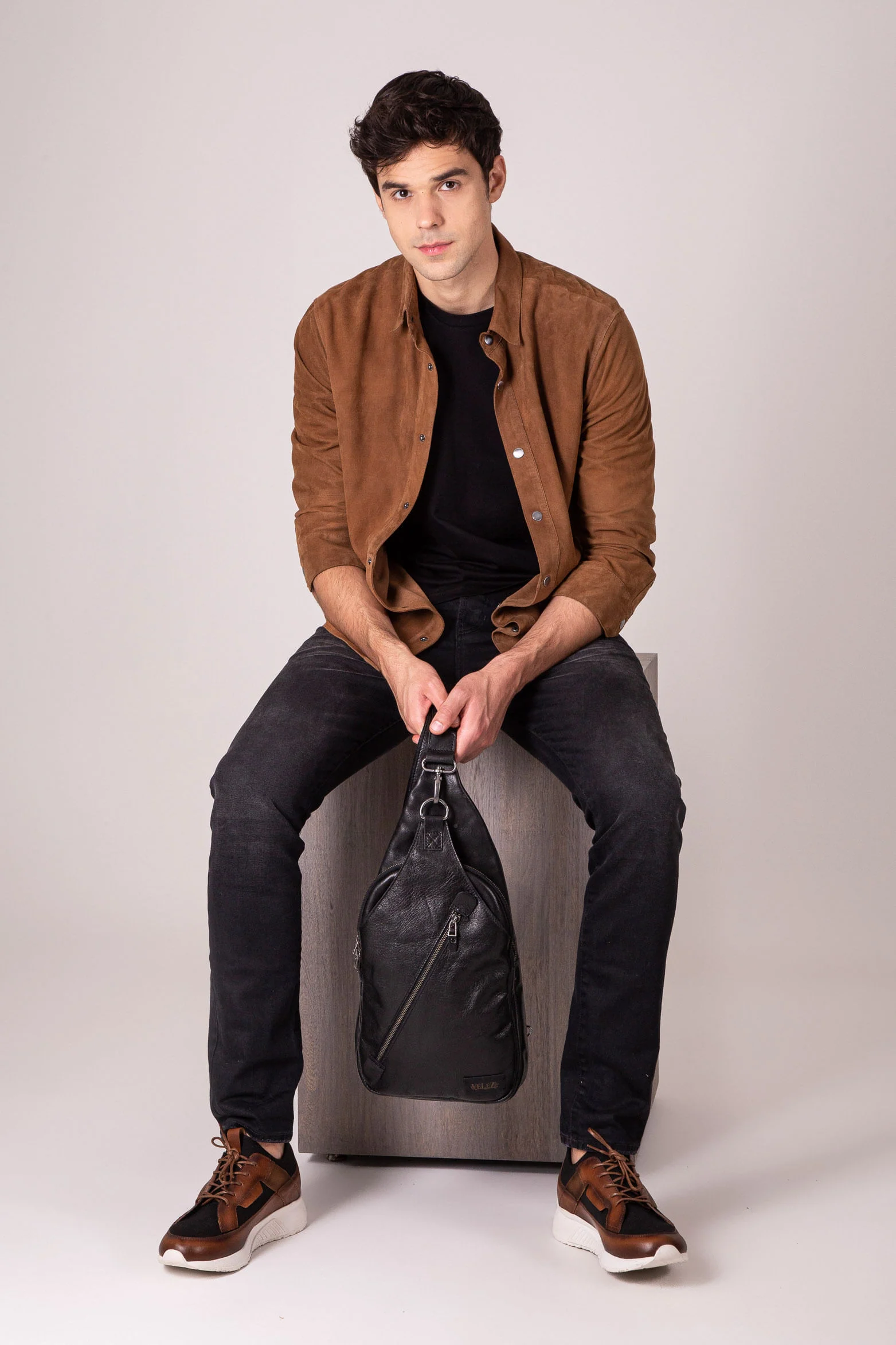 Men’s Sling Handbags in Black Leather with Adjustable Strap - Image 2