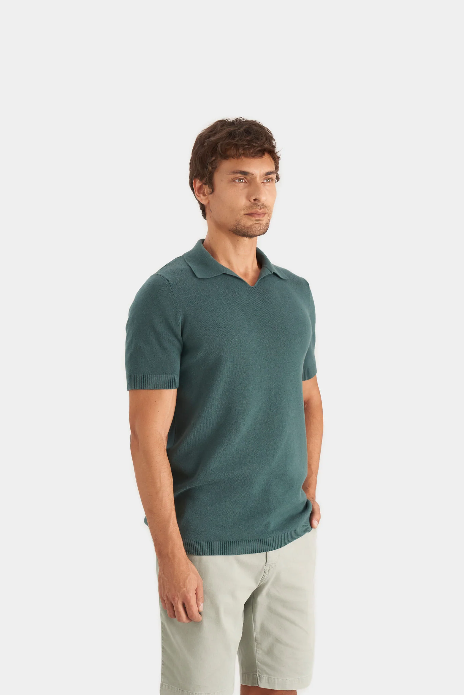 Men’s V-Neck Knit Polo in Aquamarine XX - Image 3