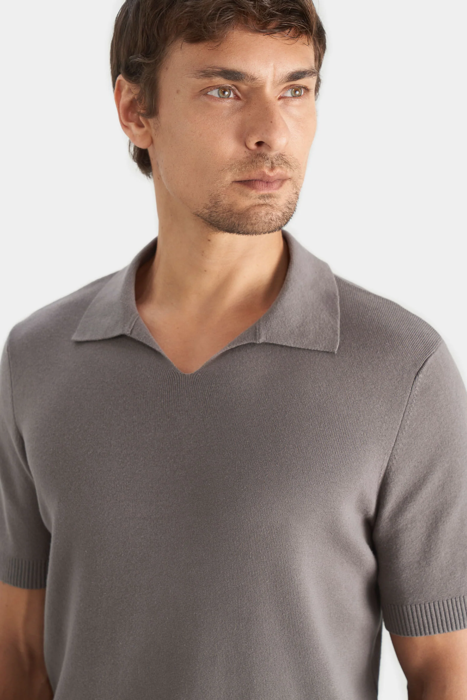 Men’s V-Neck Knit Polo in Gray XX - Image 2