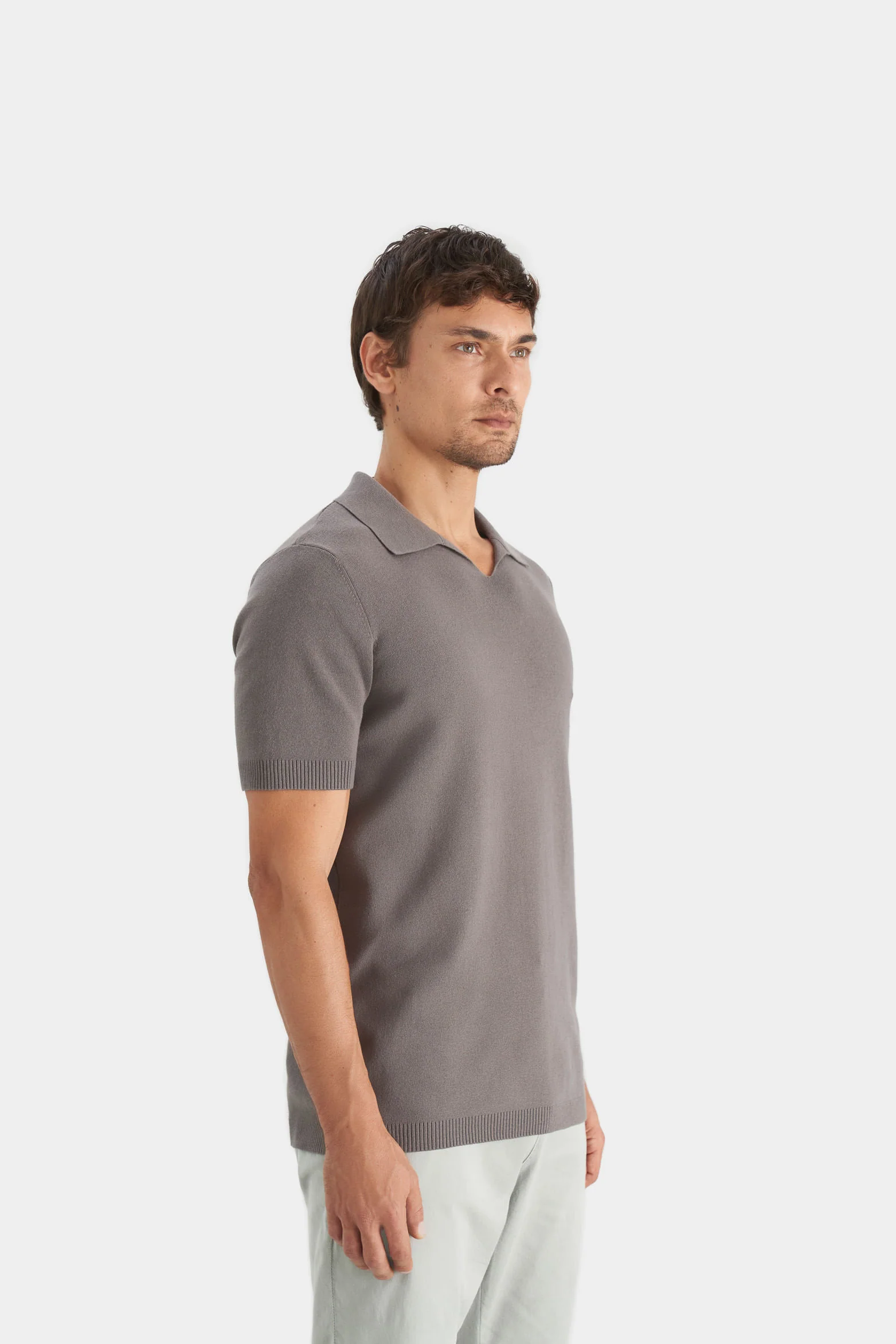 Men’s V-Neck Knit Polo in Gray XX - Image 3