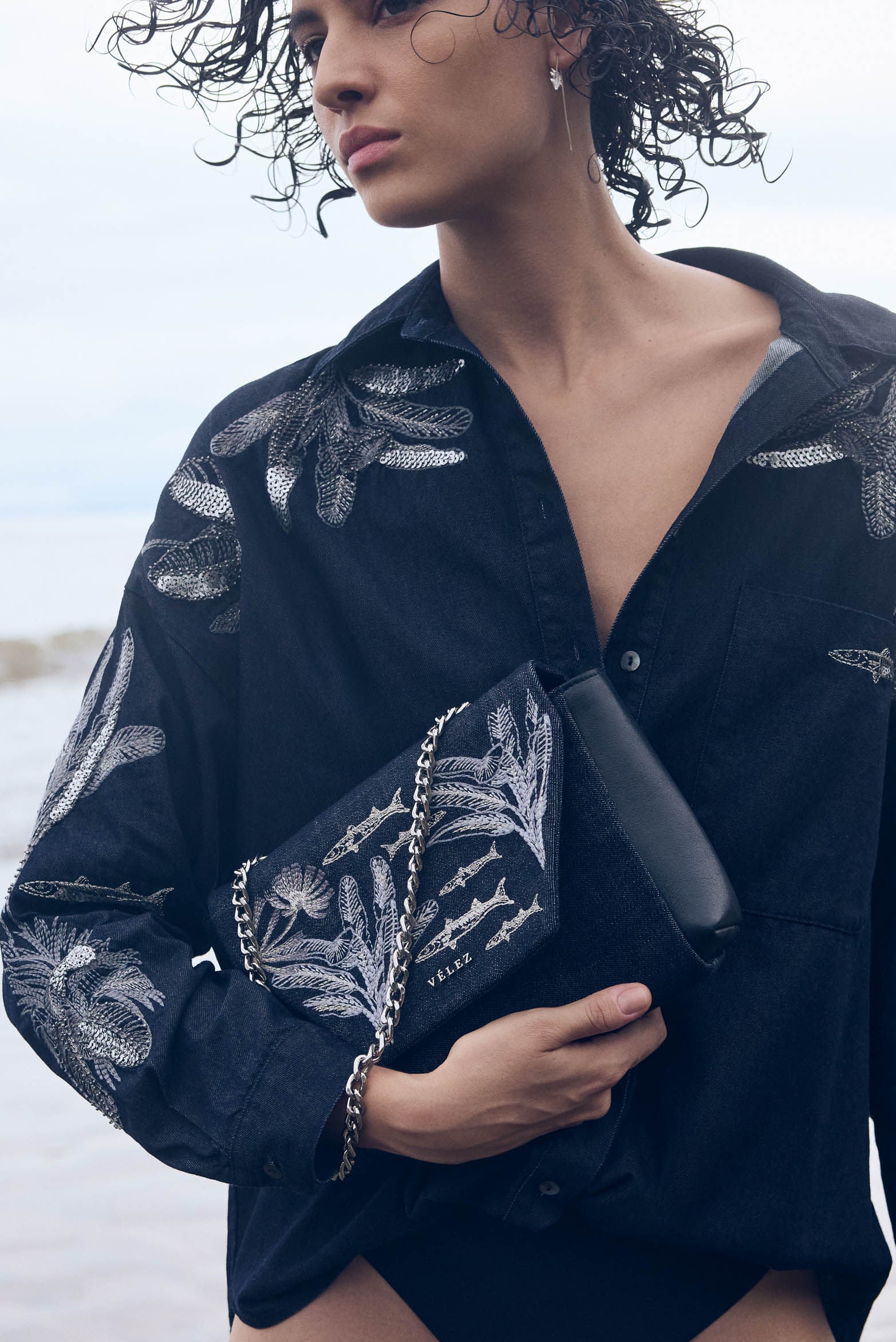 Oversized Shirt for Women with Metallic Embroidery - Image 2
