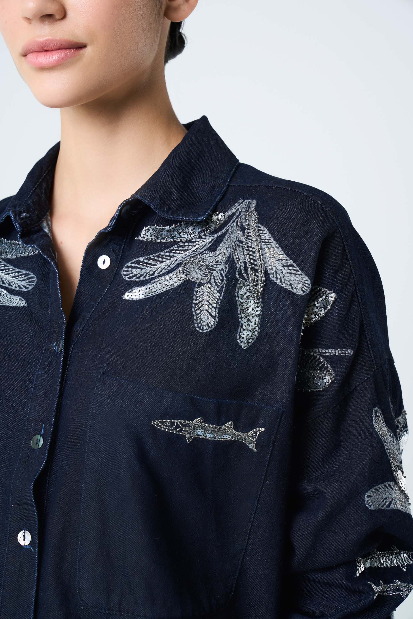 Oversized Shirt for Women with Metallic Embroidery - Image 9