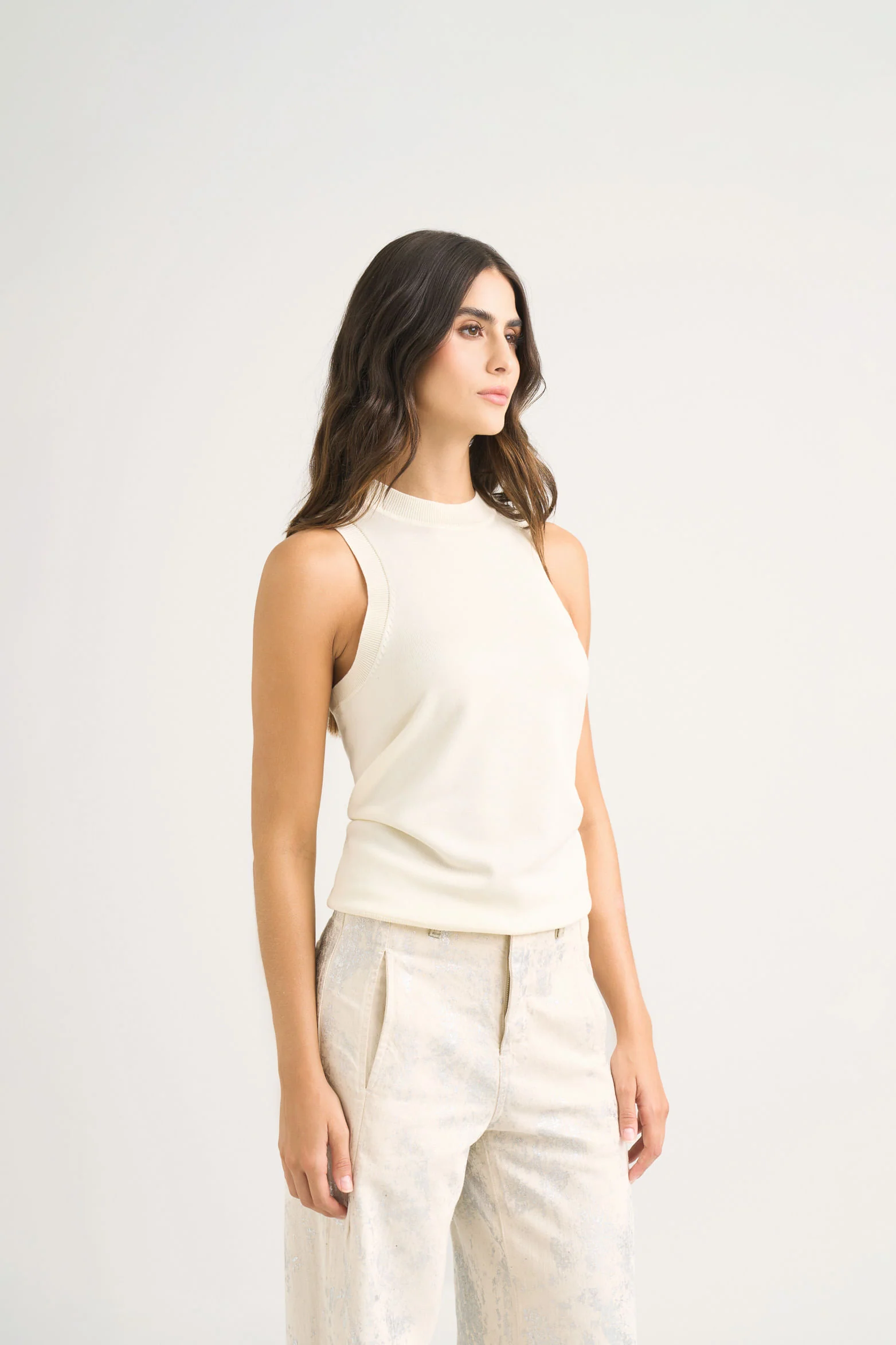 Rectilinear Knit Tank Top for Women Sleeveless Cream - Image 4