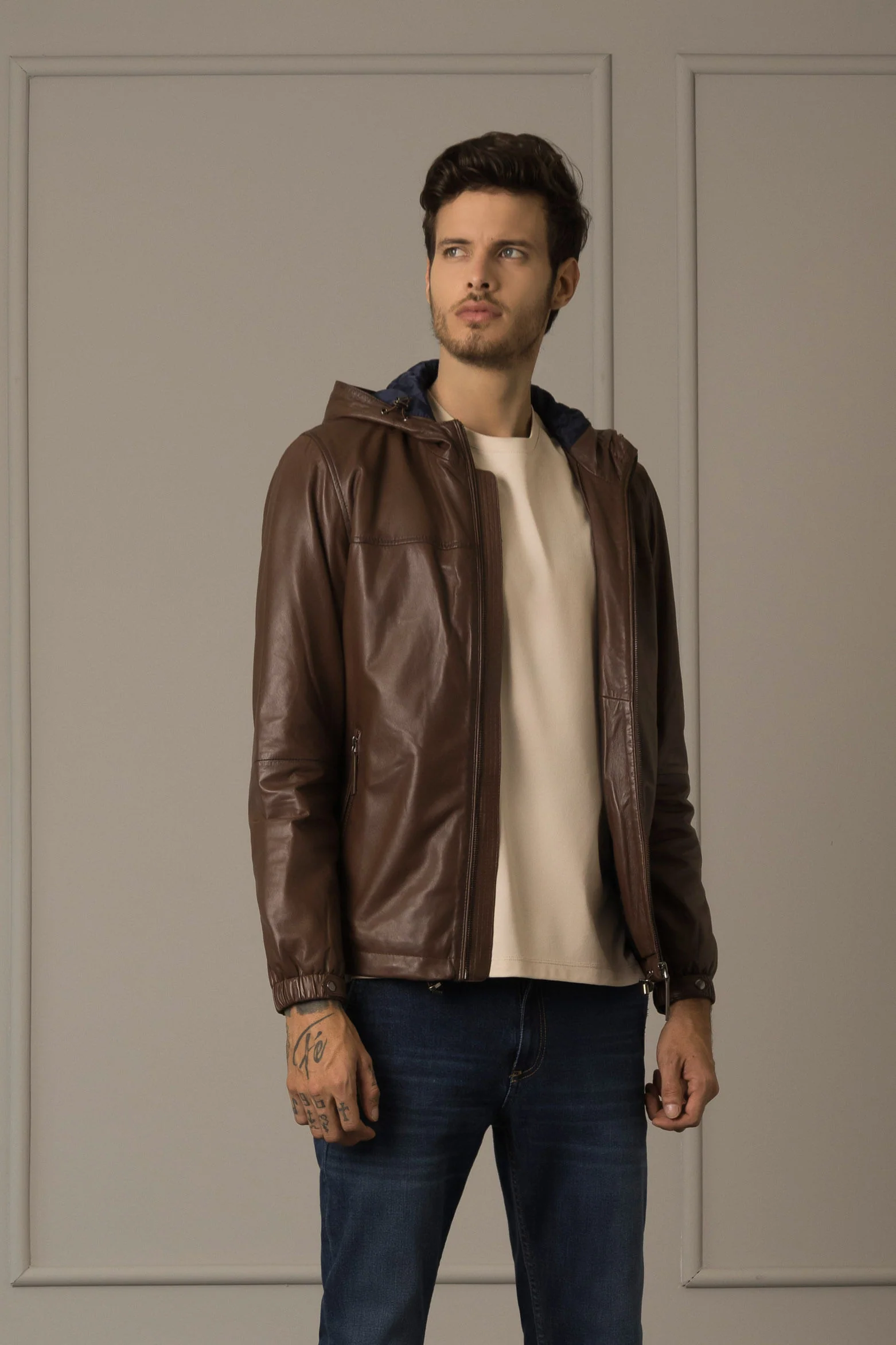 Sporty Humanist Leather Jacket for Men with Fixed Hood Brown - Image 2