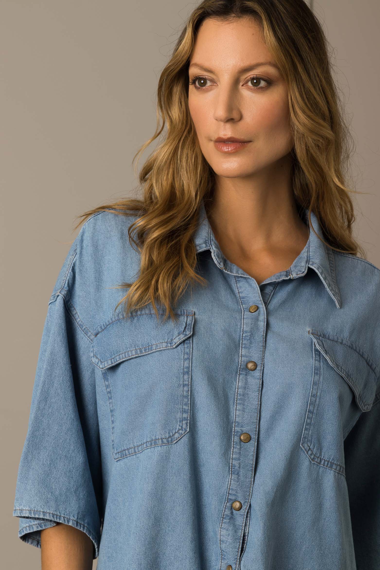 Unisex Citrine Short Sleeve Oversized Shirt in Navy Blue Denim - Image 3