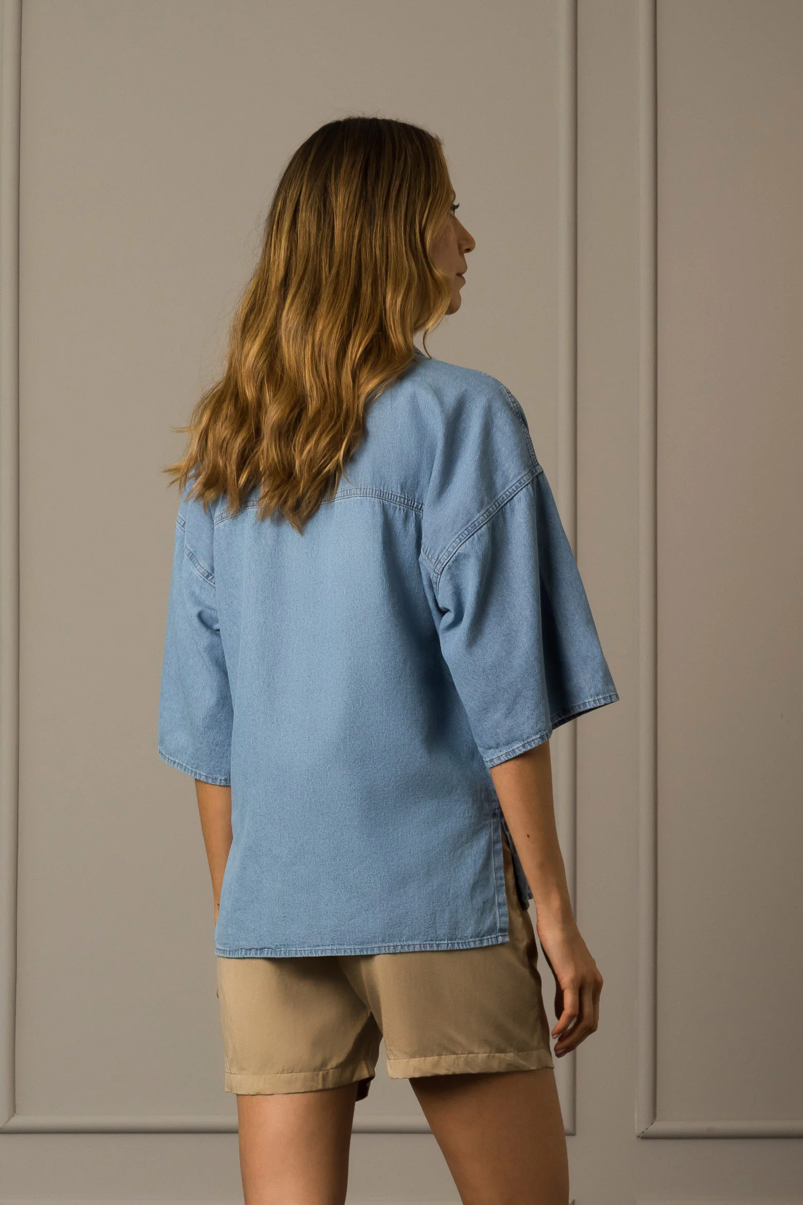 Unisex Citrine Short Sleeve Oversized Shirt in Navy Blue Denim - Image 4