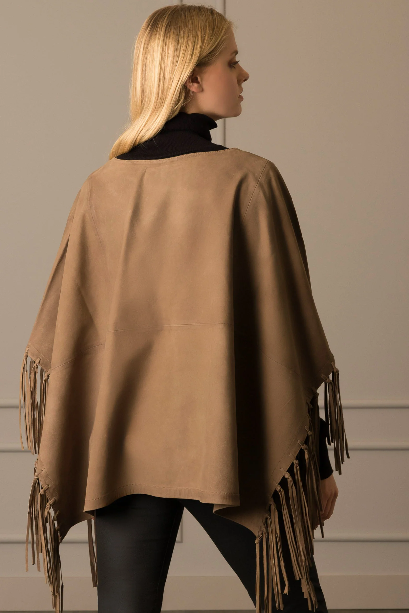 Women’s Athena Poncho in Tobacco Leather with 3/4 Sleeve - Image 3