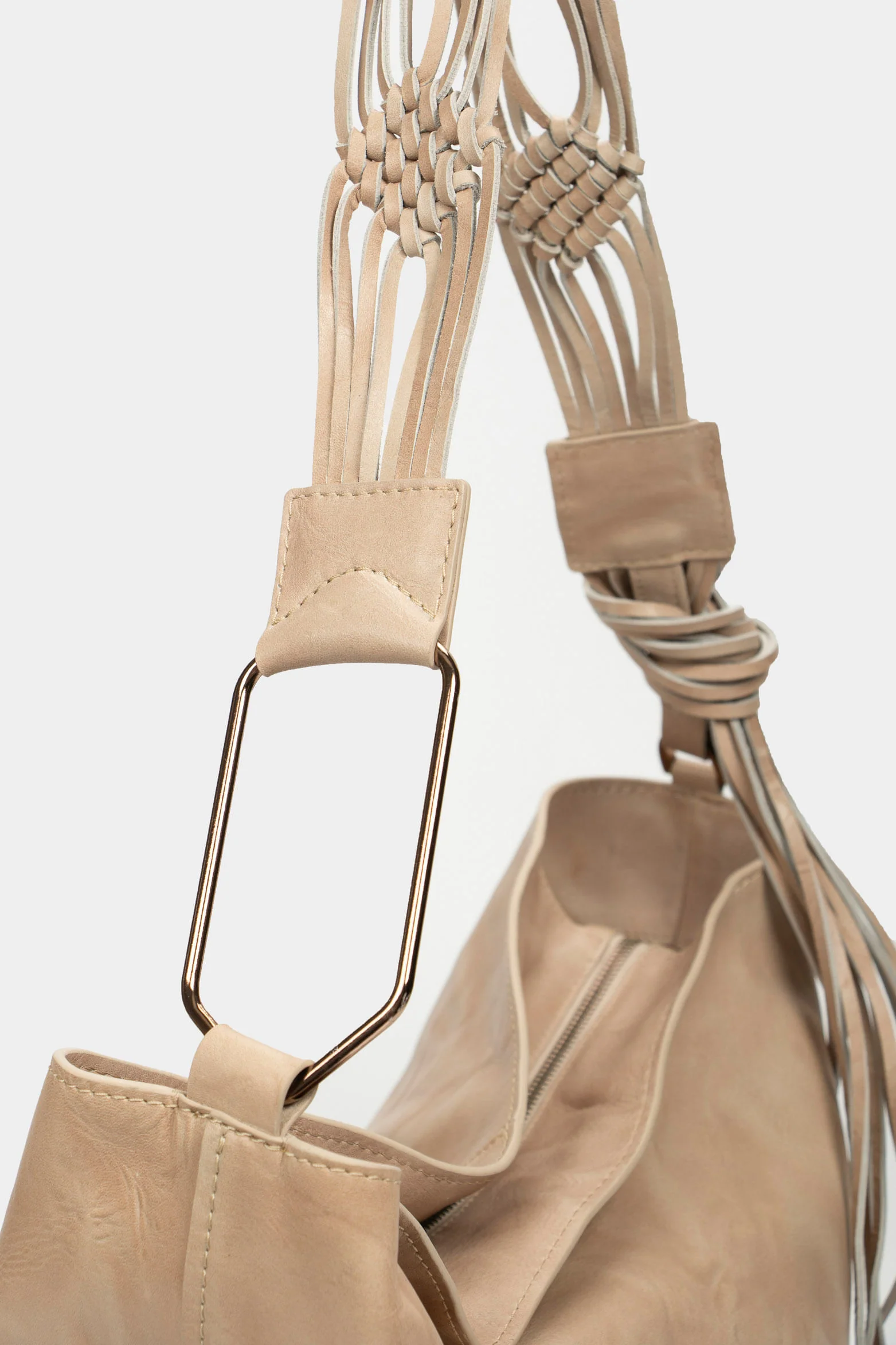 Women`s Azalea Leather Shoppg Bag with Macramé Beige - Image 5