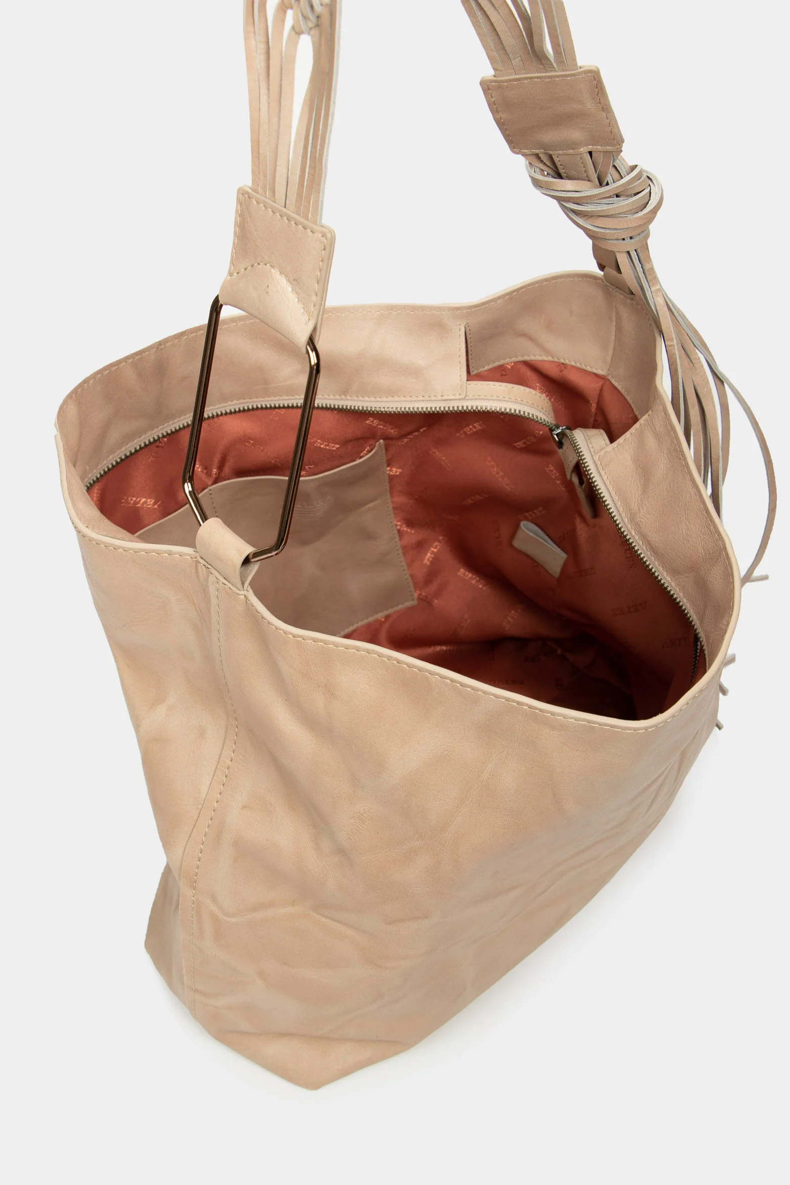 Women`s Azalea Leather Shoppg Bag with Macramé Beige - Image 6