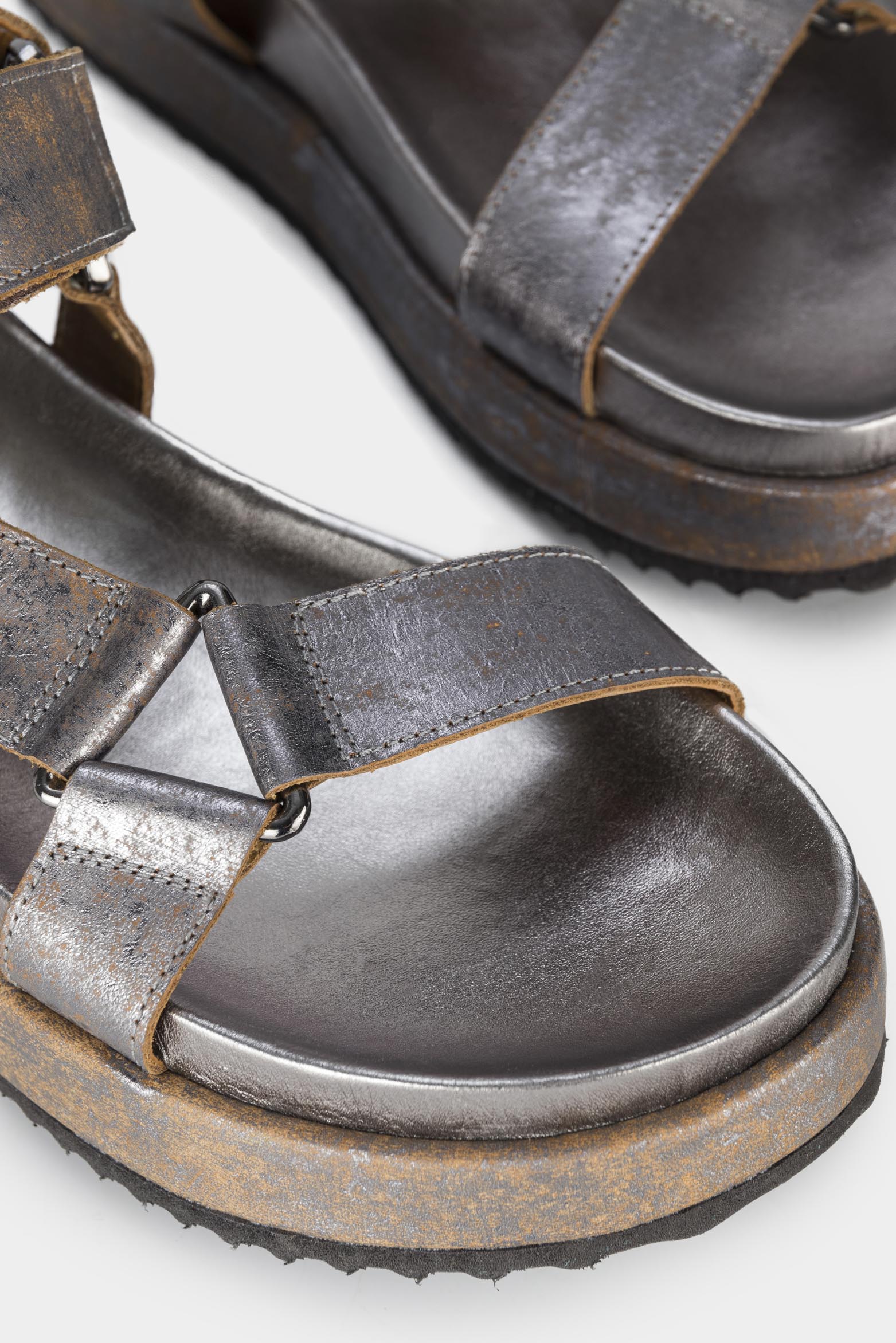 Women’s Bali Platform Sandals in Gunmetal Gray Leather with Hook-and-Loop Fastener - Image 4