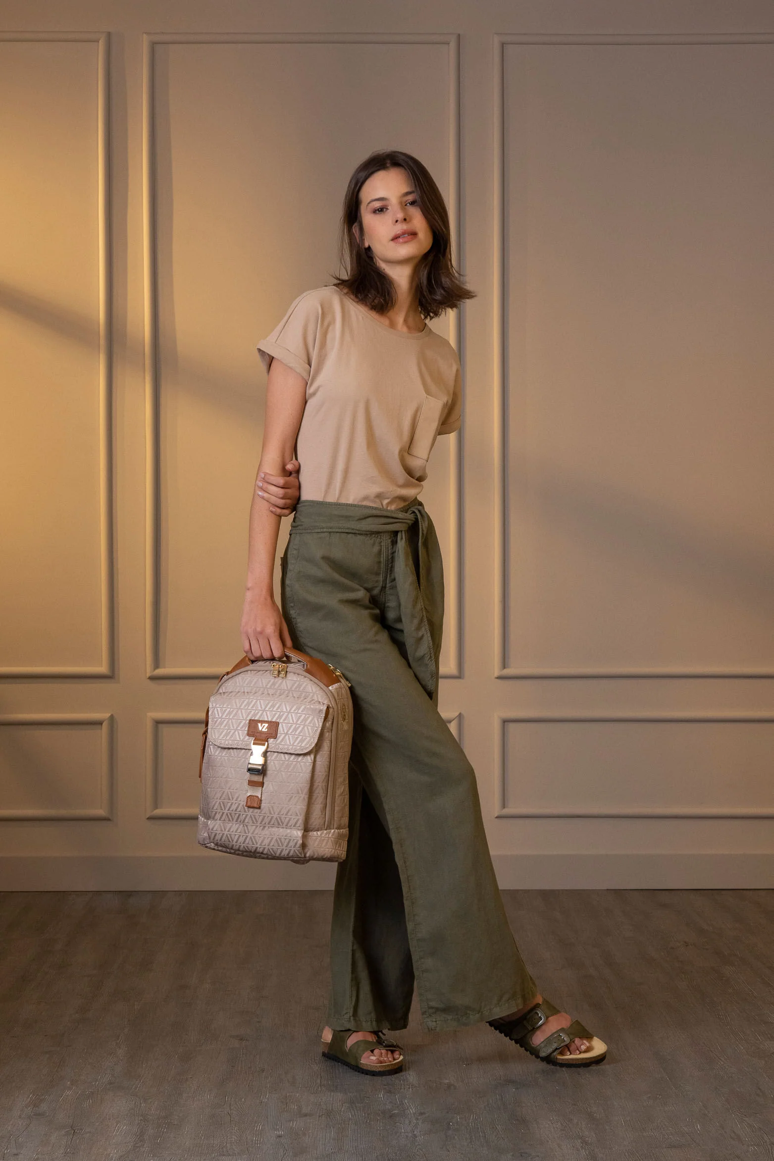 Women’s Bloom Backpack in Beige with Jacquard VZ Print and Metal Logo - Image 2