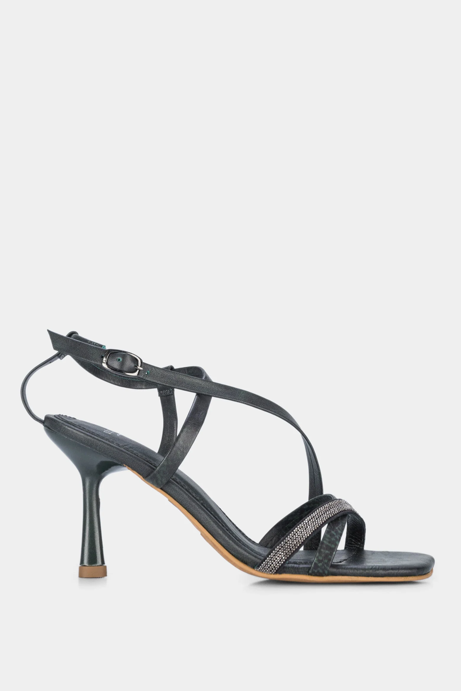 Women’s Figi Stiletto Sandals in Green Leather with Decorative Appliqué