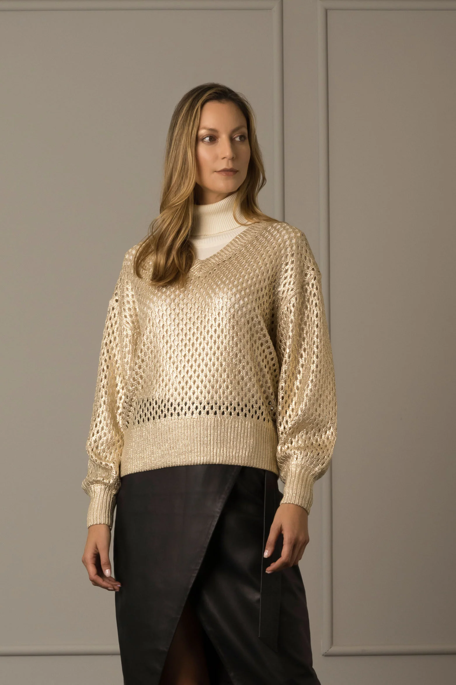 Women’s Hanoi Sweater in Gold Metallic Knit XX - Image 2