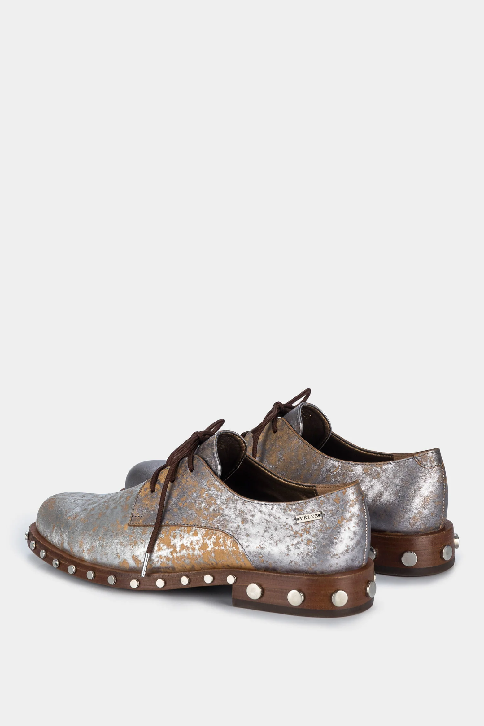 Women’s Lace-Up Oxfords in Gunmetal Gray Metallized Leather with Stud Detail - Image 3