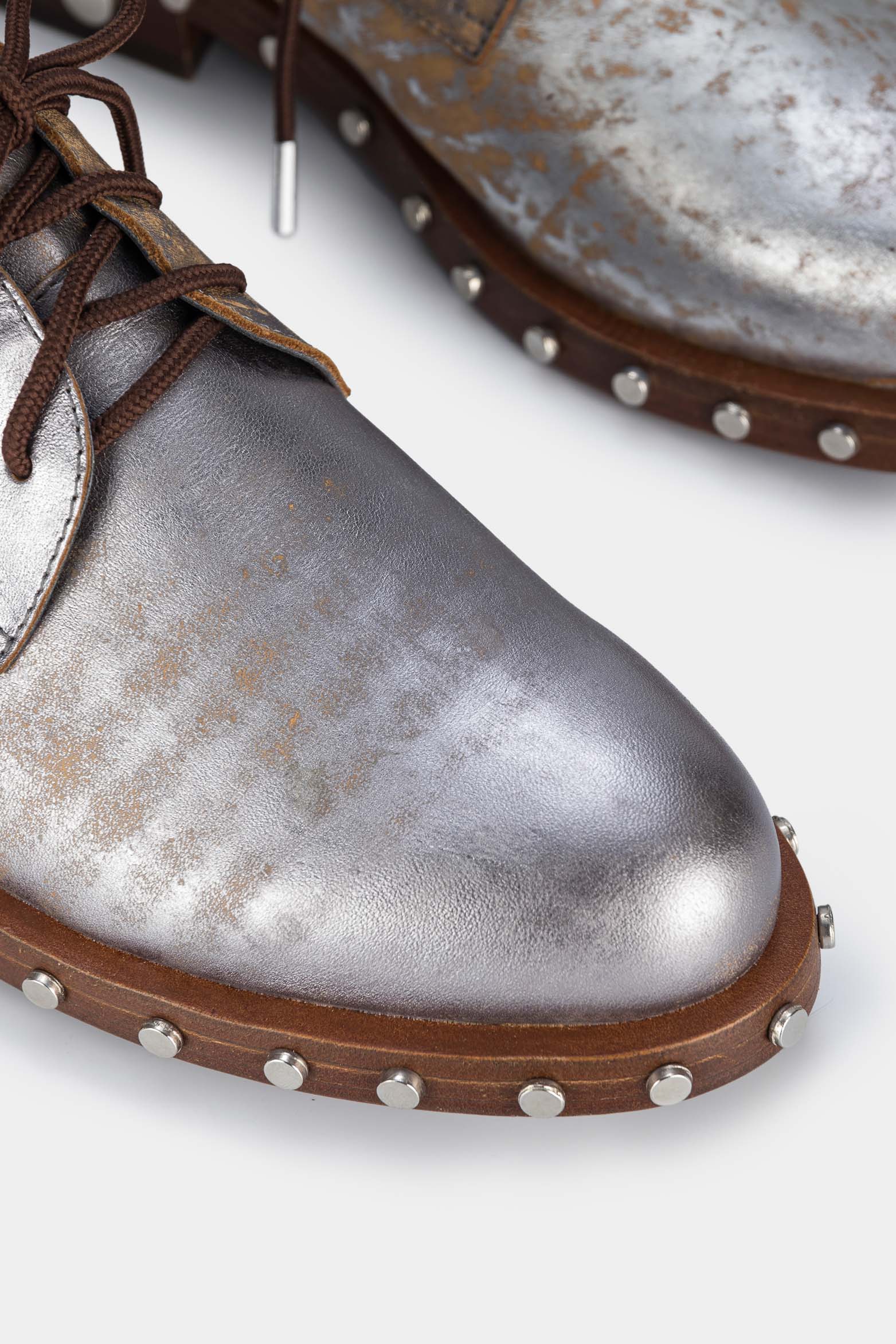 Women’s Lace-Up Oxfords in Gunmetal Gray Metallized Leather with Stud Detail - Image 4