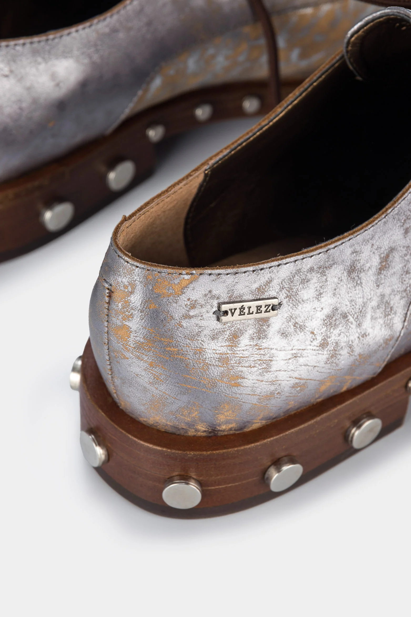 Women’s Lace-Up Oxfords in Gunmetal Gray Metallized Leather with Stud Detail - Image 5