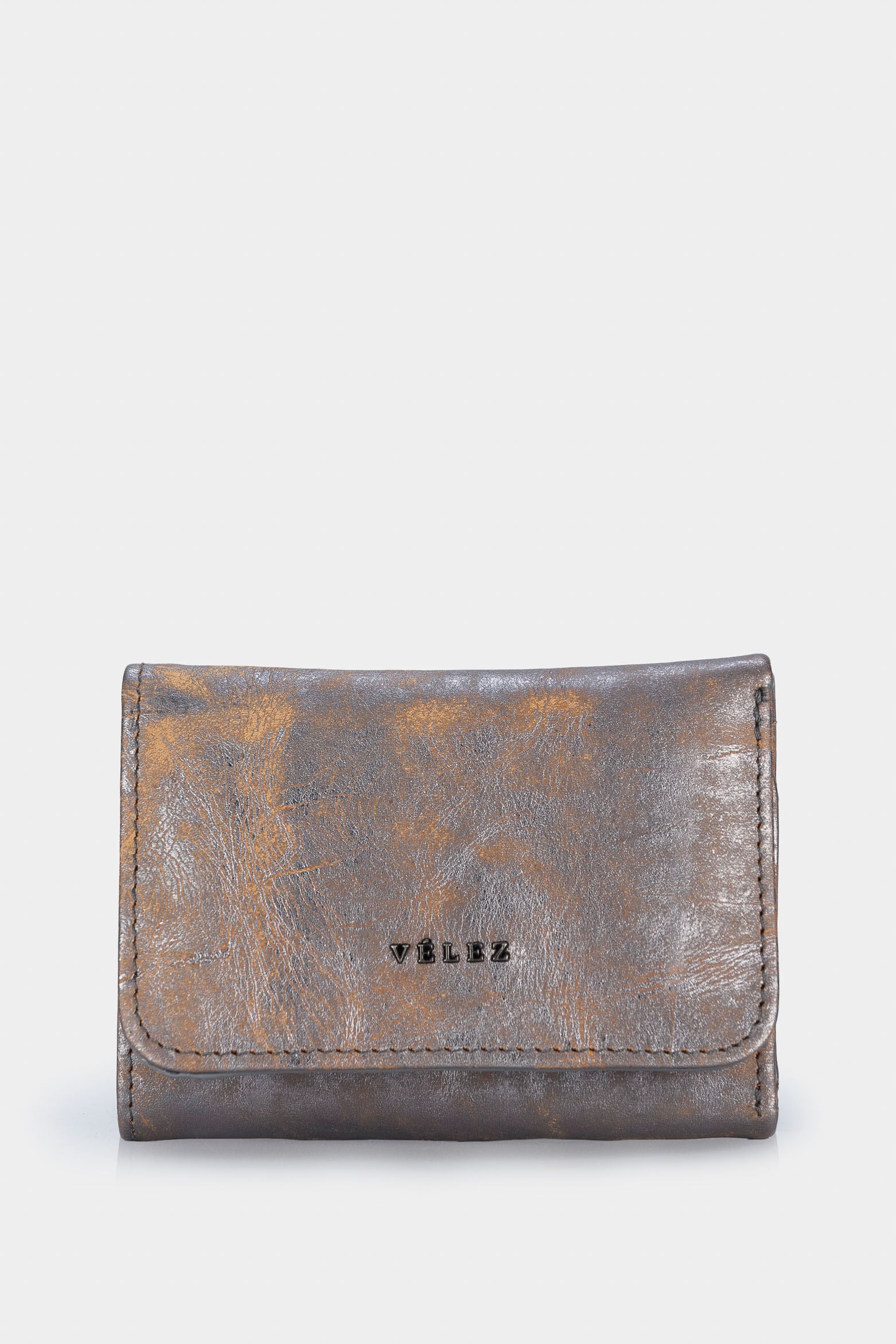 Women’s Small Wallet in Metallized Gunmetal Gray Leather with Distressed Effect