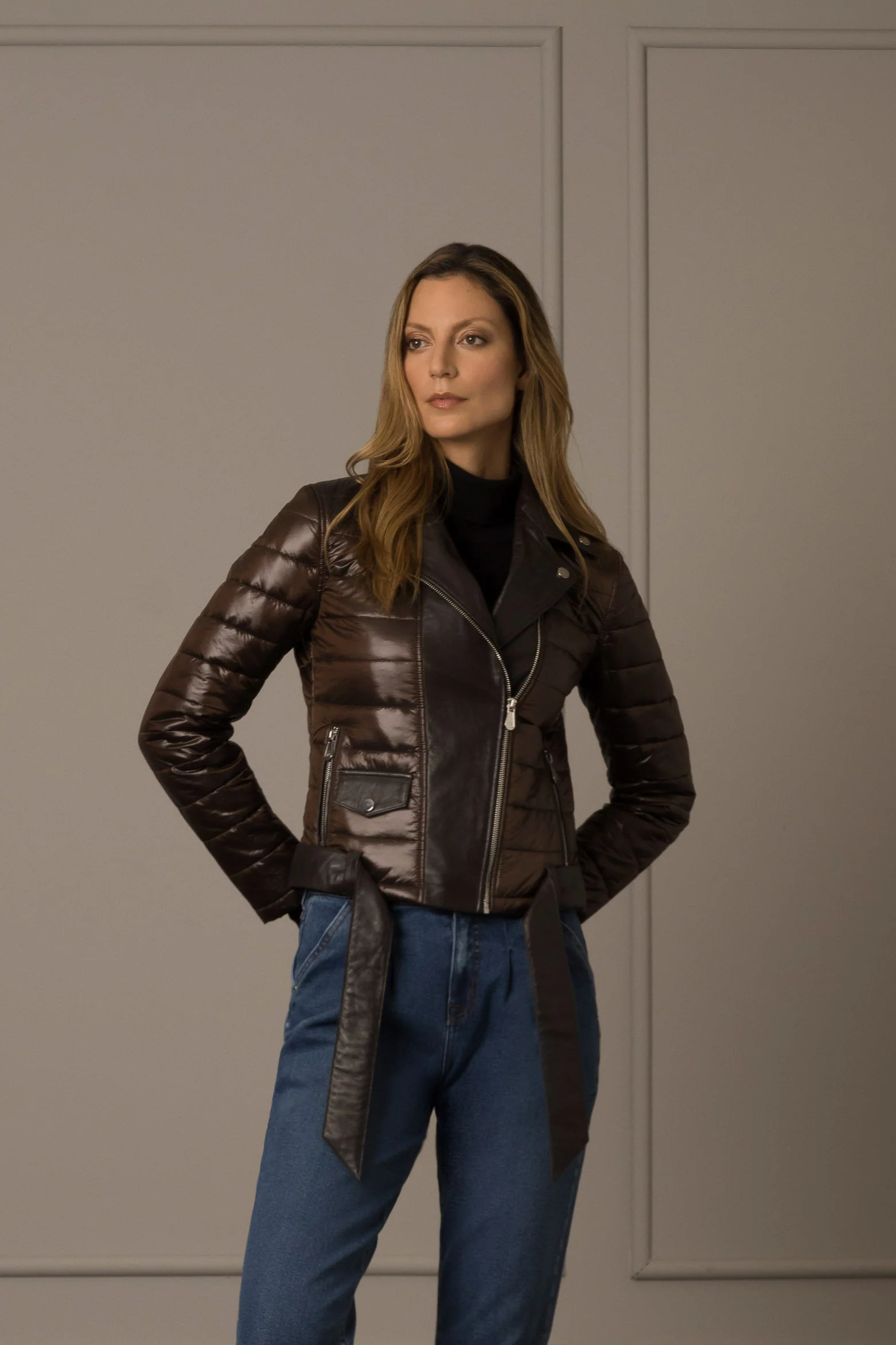 Women’s Soul Biker-Style Puffer Jacket in Leather - Image 2
