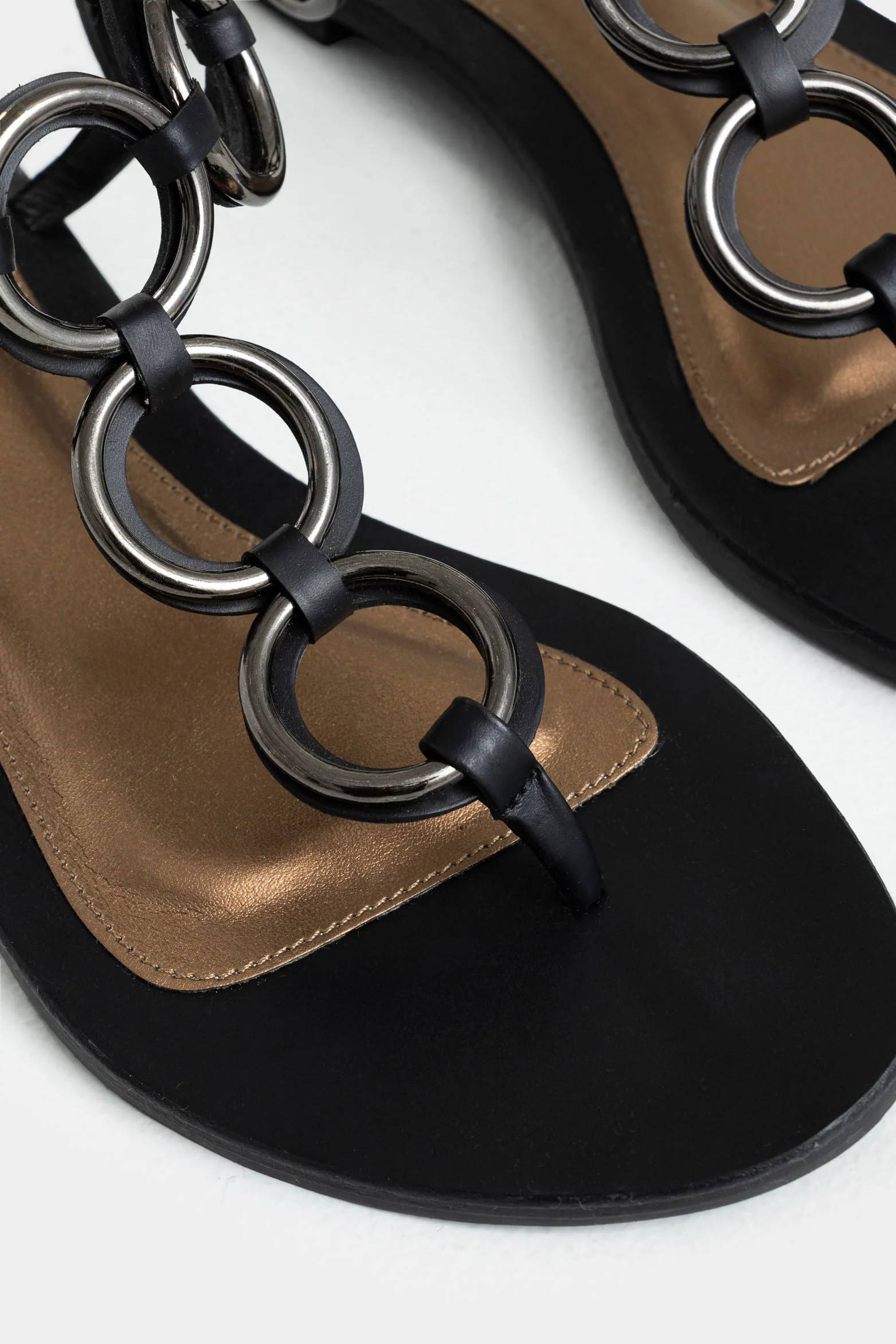 Women’s Topaz Flat Sandal in Black Leather with Metal Rings - Image 5