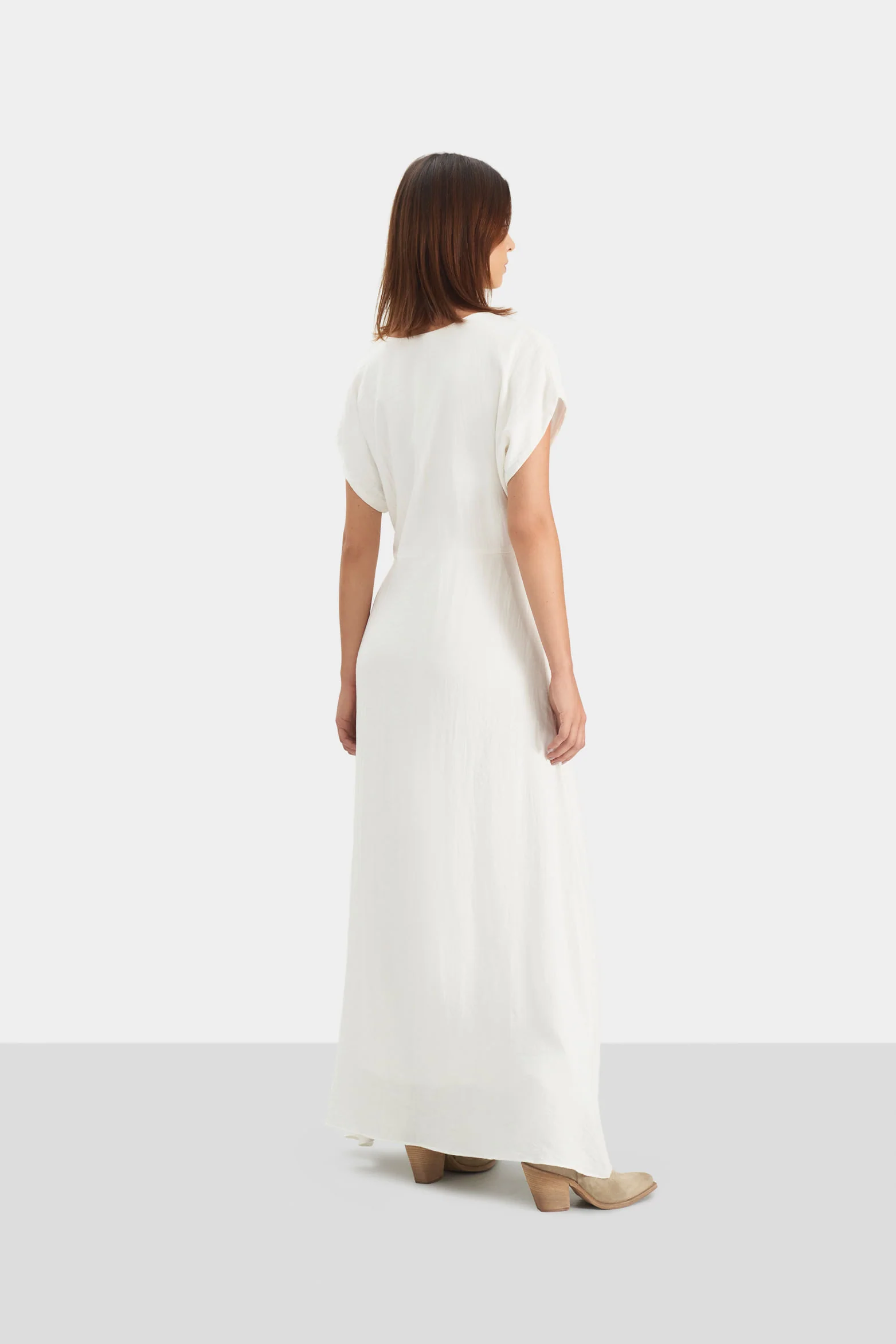 Women’s Venus Dress in White Shiny Flat Woven Fabric with V-Neck - Image 5