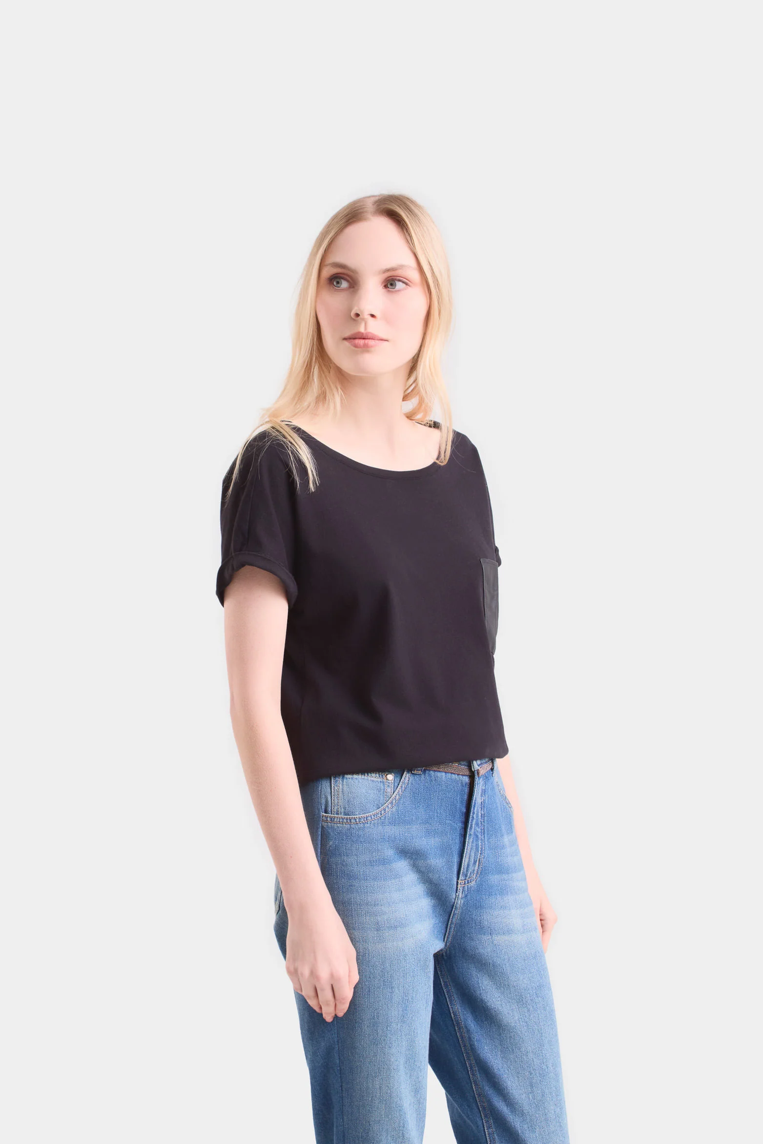Women's Short Sleeve Blouse with Leather Pocket - Image 3